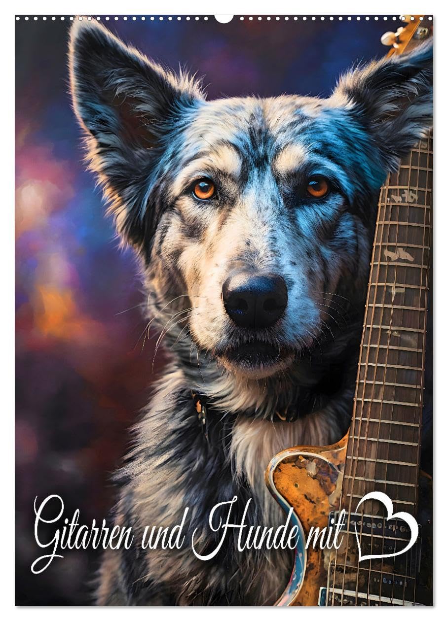 Gitarren und Hunde mit Herz (Wandkalender 2026 DIN A2 hoch), CALVENDO Monatskalender: Amüsante Darstellungen von Hunden, die mit Stolz die Gitarre ihres Herrchens präsentieren (CALVENDO Kunst)