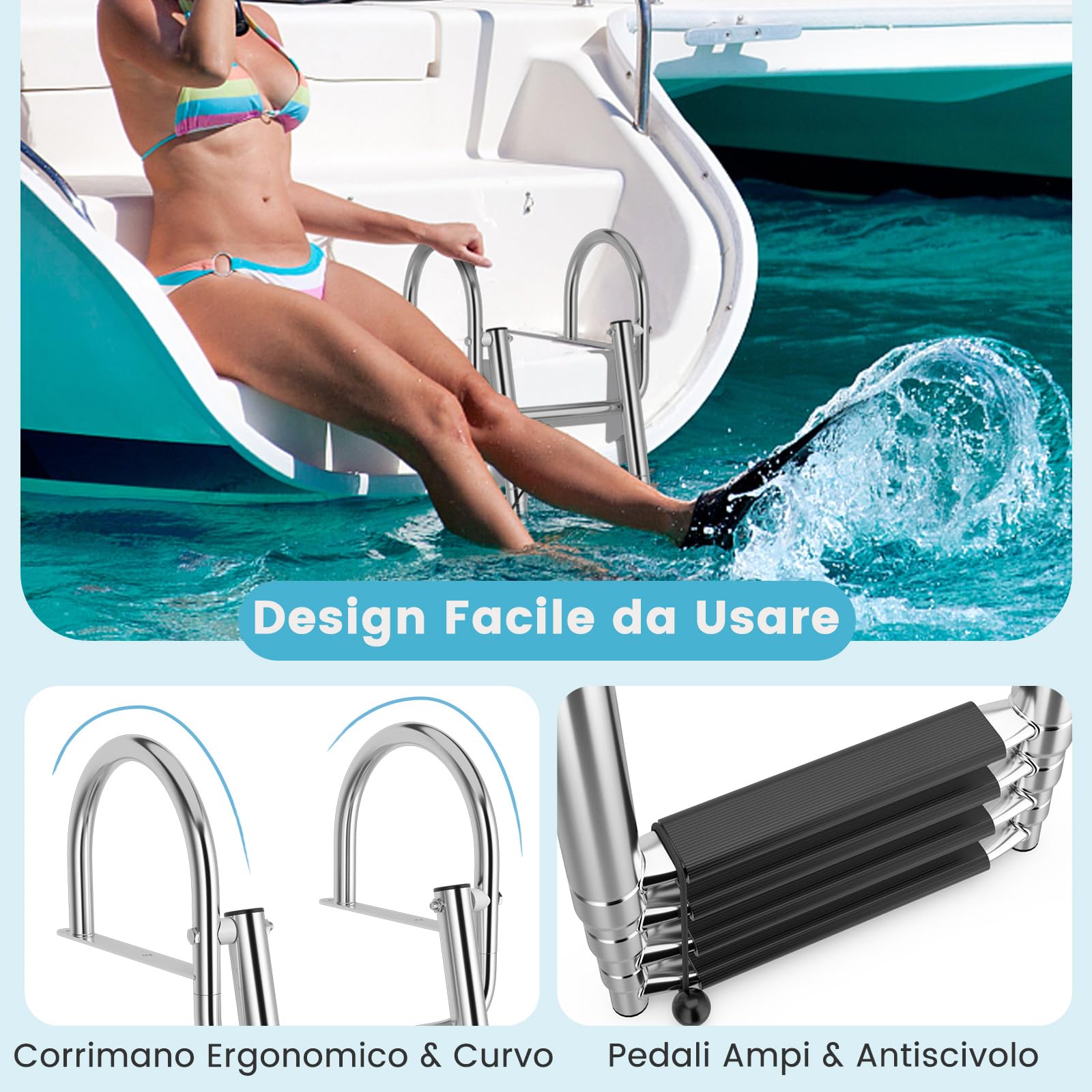 COSTWAY Scaletta Piscina Fuori Terra con 4 Gradini, Portata 227 kg, Scaletta per Pontile Pieghevole in Acciaio Inox con Corrimano e Gradini Antiscivolo, Resistente e Leggera, per Barca