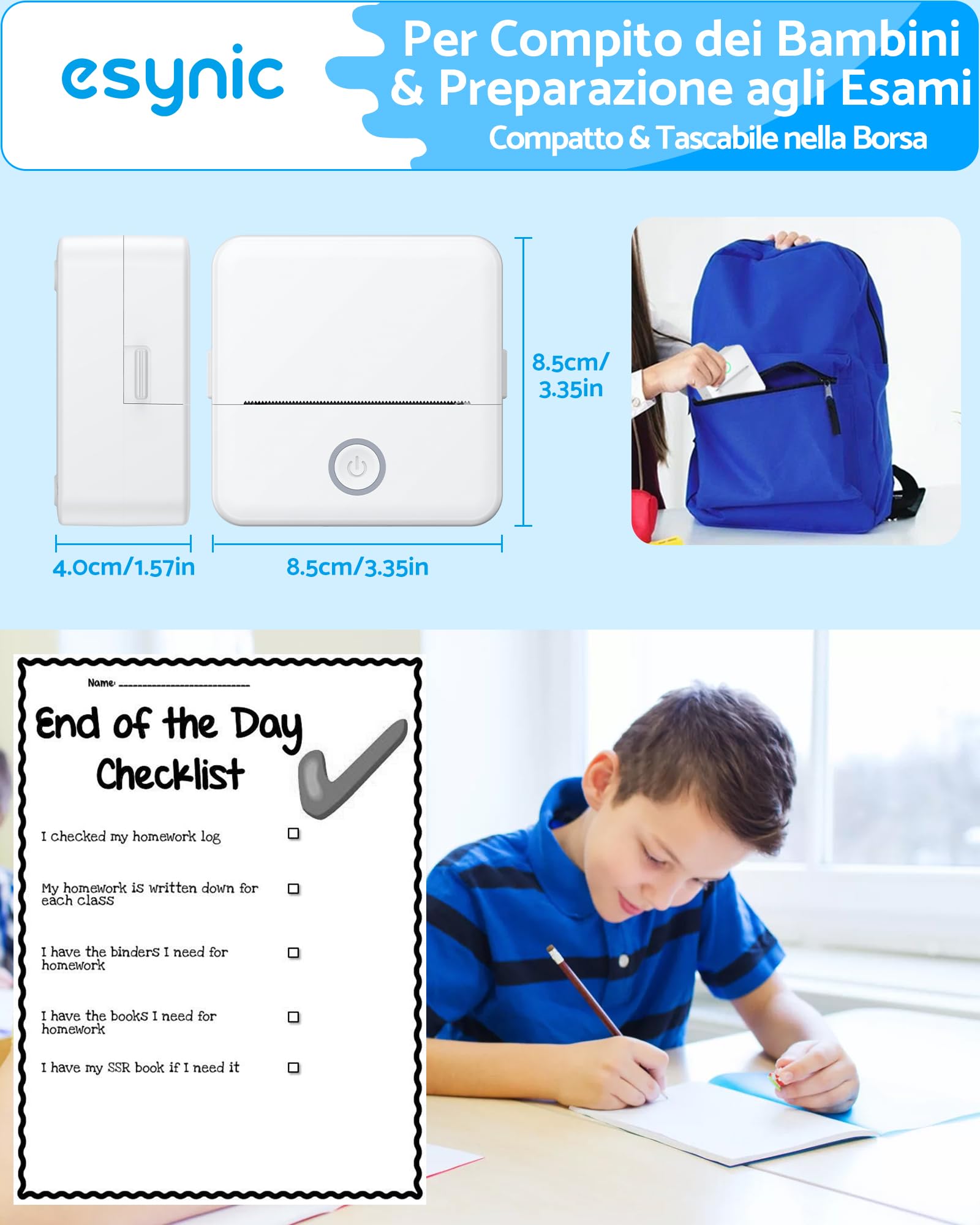 eSynic Stampante Termica Bluetooth Ricarica Type-C Android iOS Foto Bianco e Nero + Carta Termica Adesiva