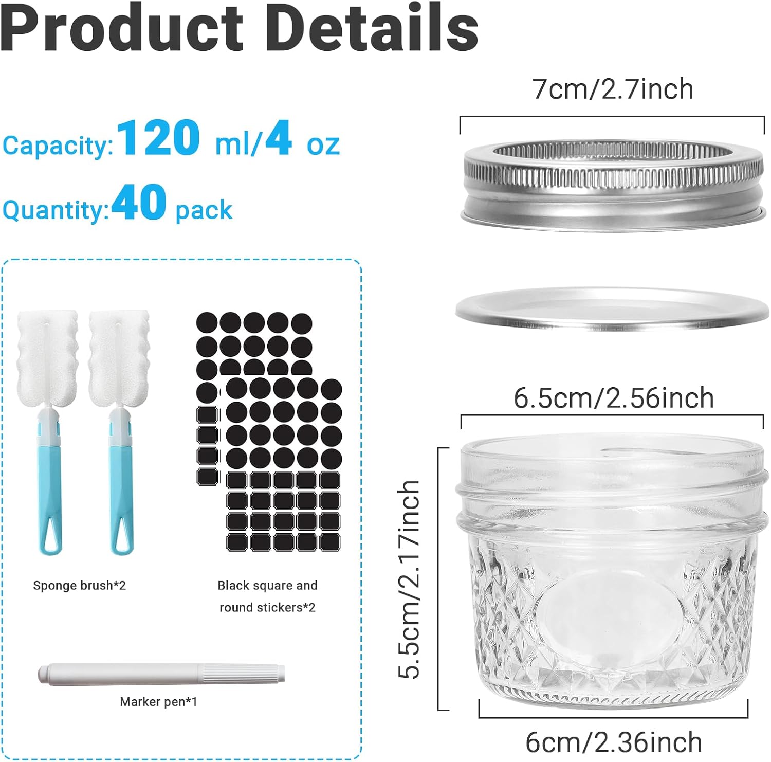 Cehomi 4 oz Mason Jars with Airtight Lids,Diamond appearance,Ideal for Honey,Jam,Fruits,Salad,Jelly,Wedding Favors and Kitchen Food Storage(40 PACK)