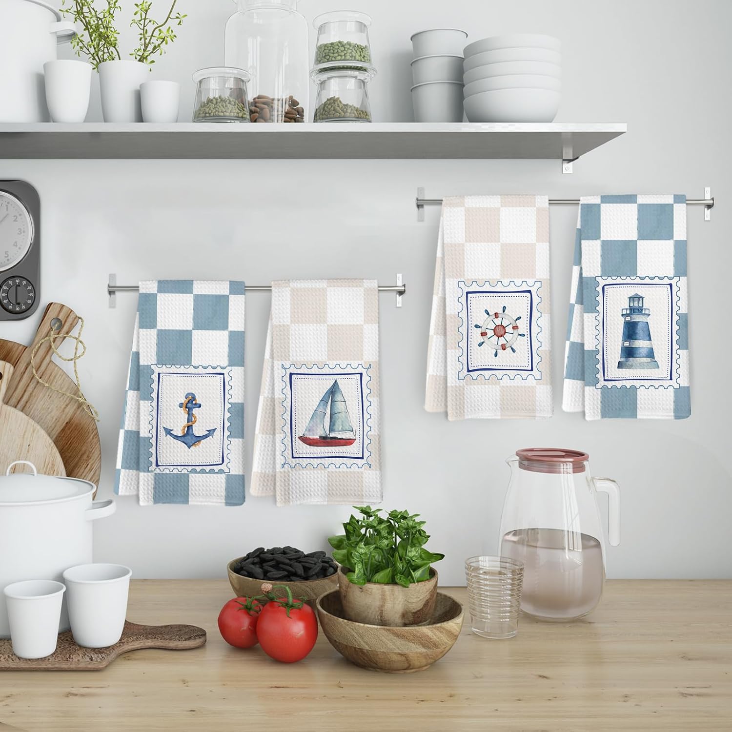 Preppy Nautical Kitchen Towels and Dishcloths Set of 4, Coastal Boat Wheel Dish Towels, Nautical Beach Lighthouse Anchor Decorative Hand Tea Towel for Bathroom Kitchen, 16x24 Inch