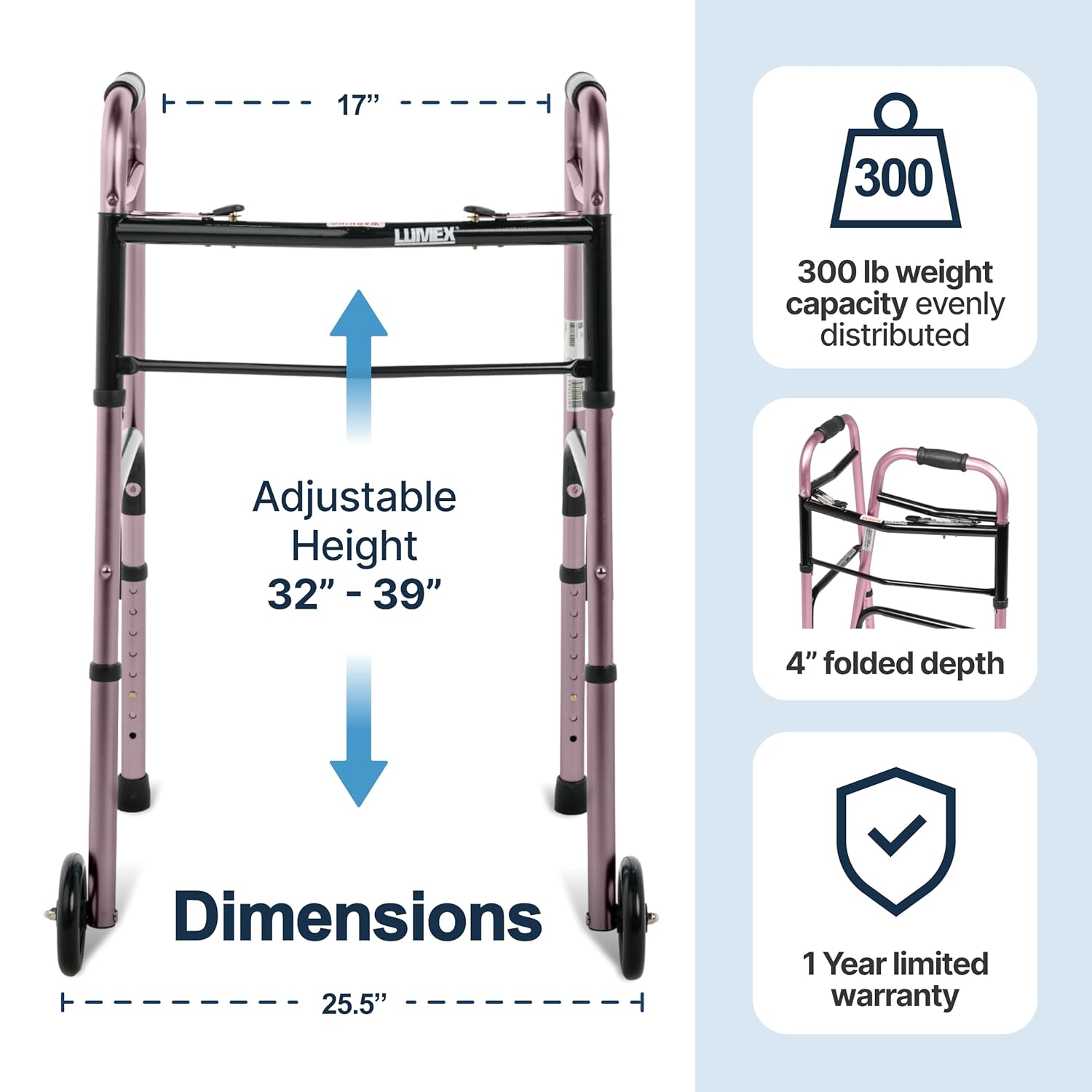 Lumex ColorSelect Walkers for Seniors, Rolling & Folding Adult Walker with Wheels, Pink