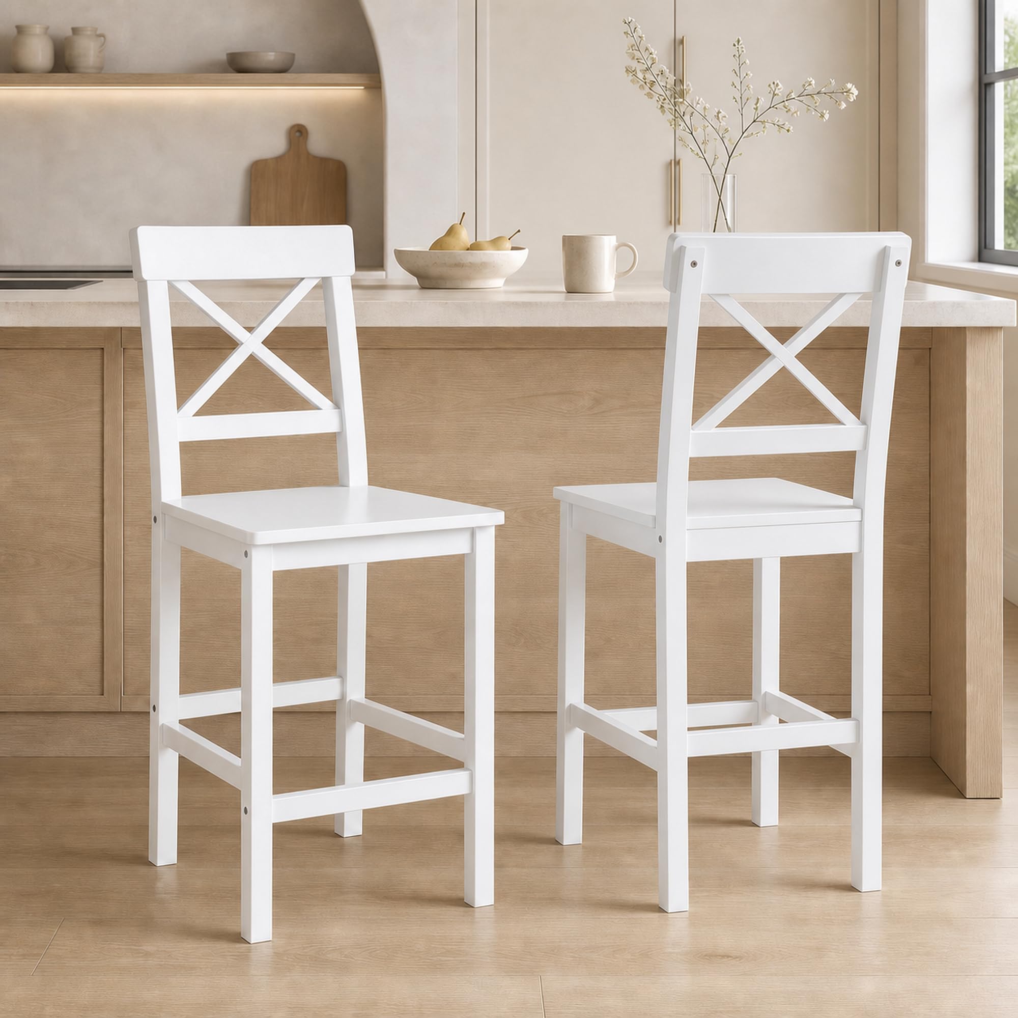 HOMCOM Lot de 2 Tabourets de Bar Assise 60,2H cm Dossier Haut Croisé Blanc
