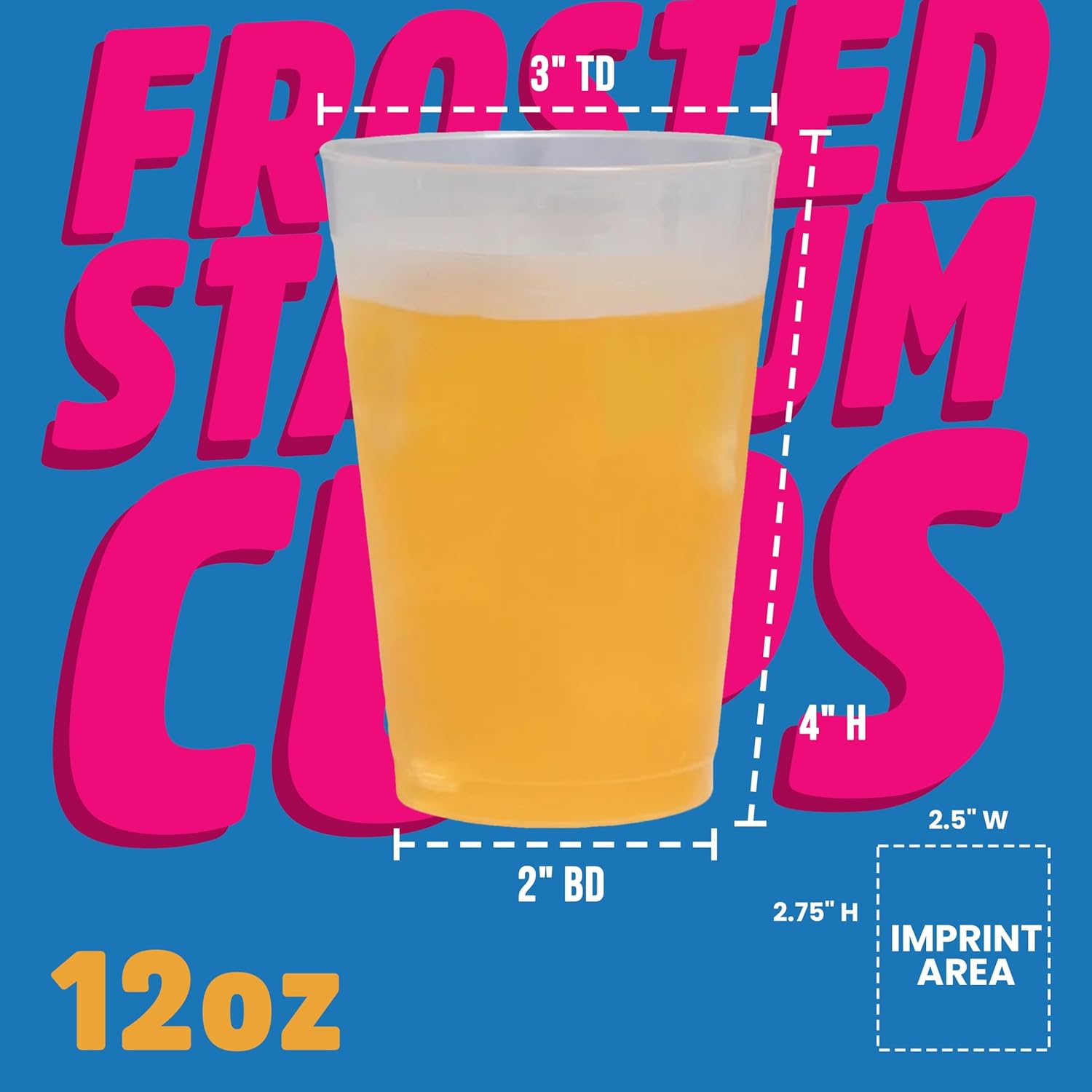 Custom 12 oz Frosted Stadium Cups with Multi-Color Imprint for Parties, Events, and Promotions (Qty 50)