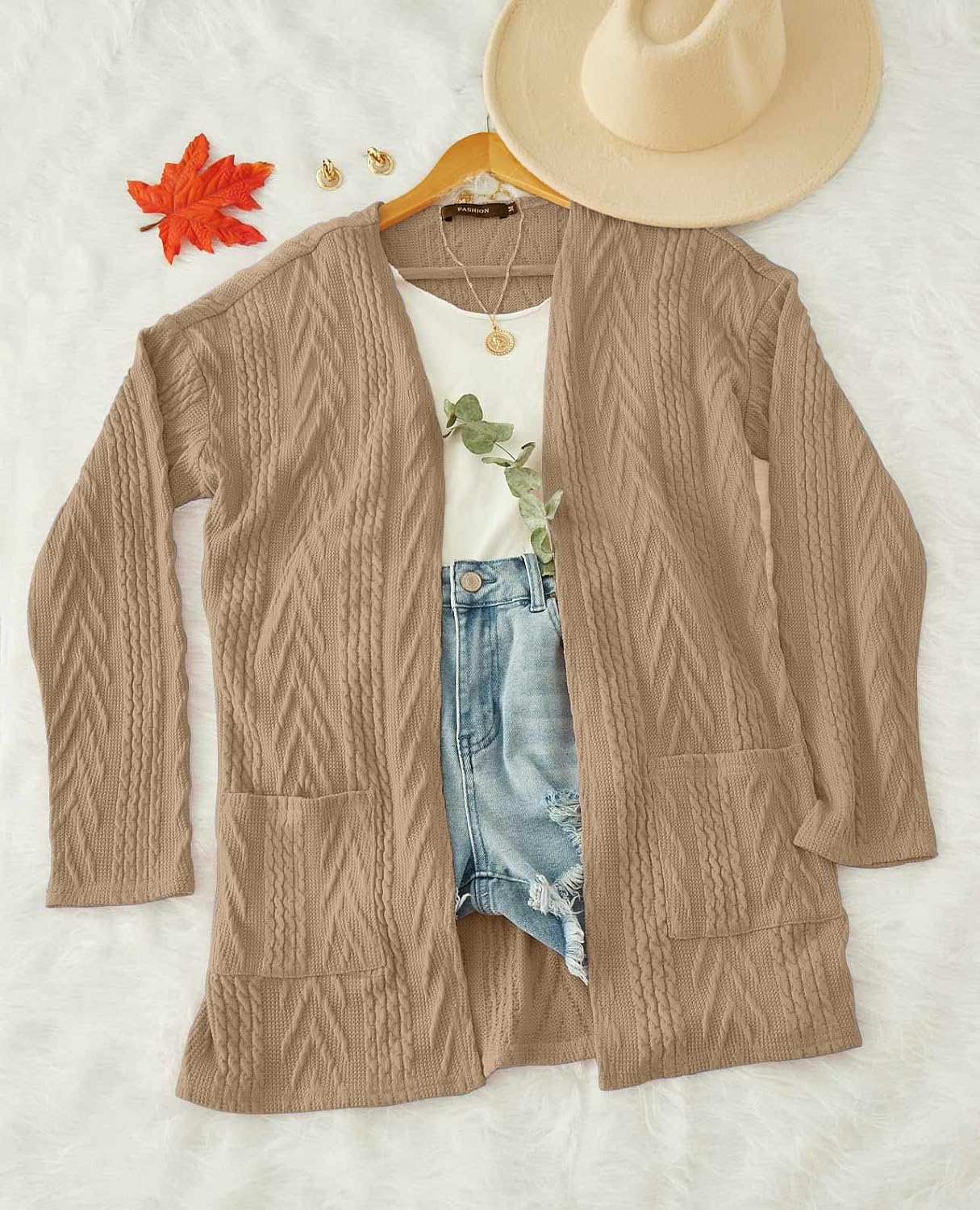 MEROKEETY Women's Casual Long Sleeve Open Front Cable Knit Cardigans Lightweight Solid Color with Pockets