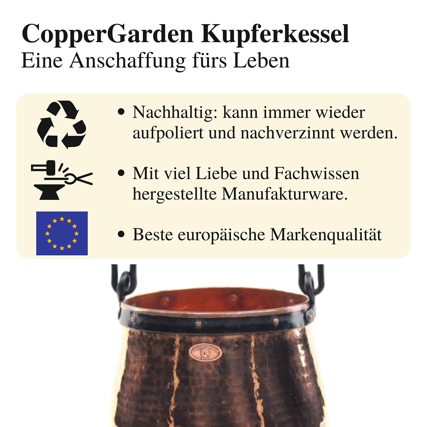 Chaudron en cuivre artisanal de 20 litres - 'CopperGarden®'