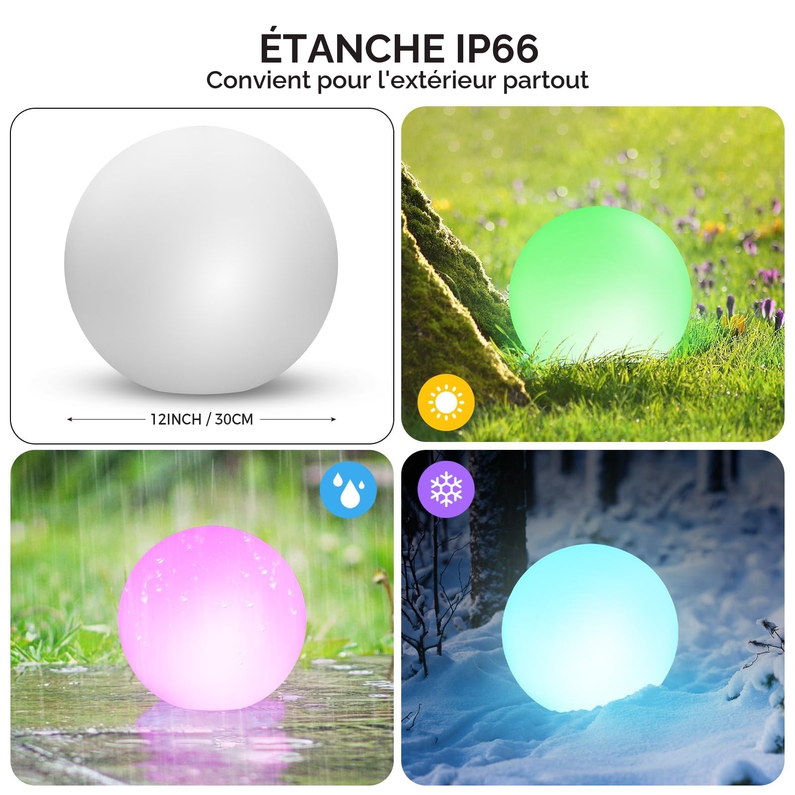RGB Lampe Solaire Jardin Extérieur 30CM Boule IP66 Kit Eclairage Solaire Intensité Variable Decoration Terrasse