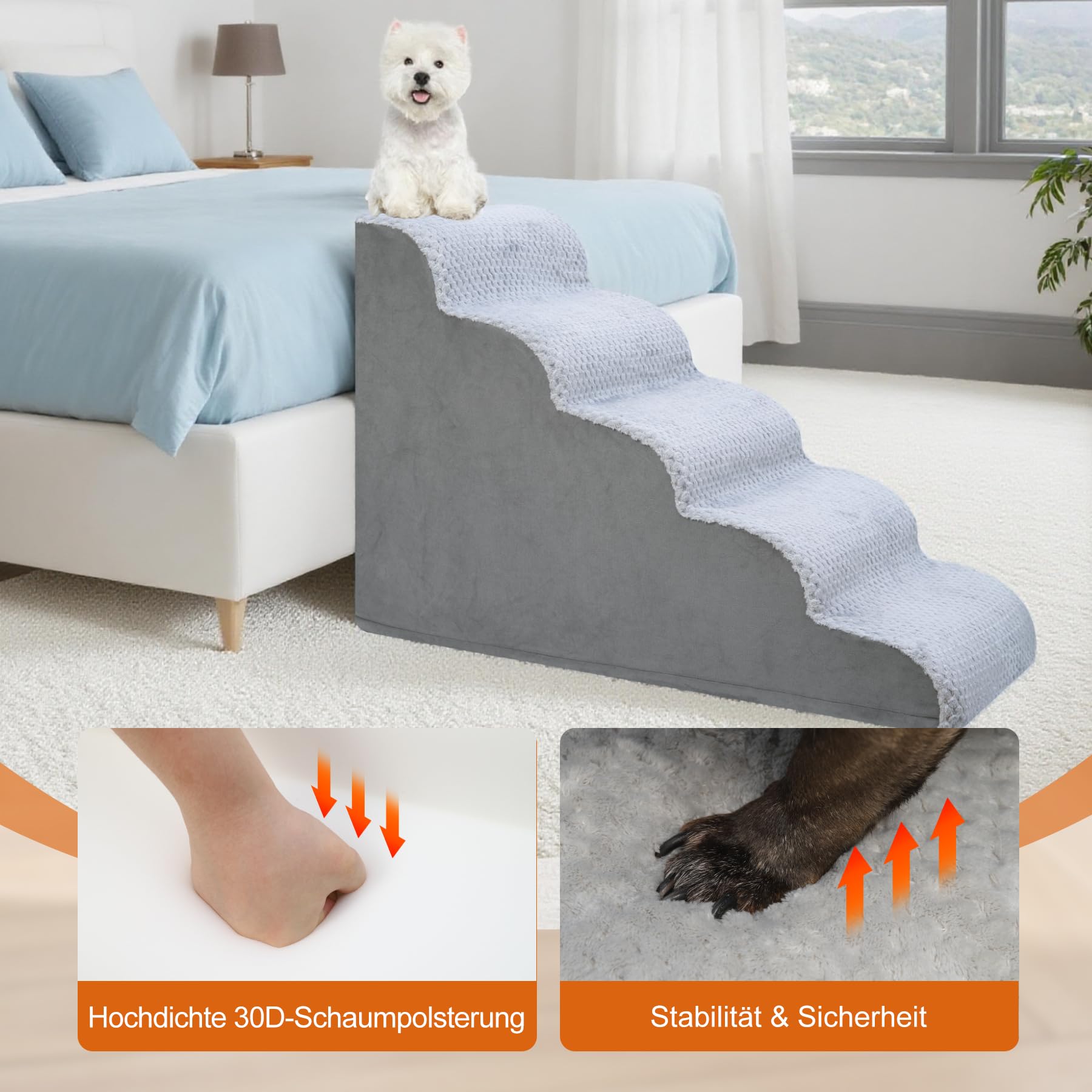 KSIIA Hundetreppe 5 Stufen, 57.5cm Hoch Haustiertreppe Hundetreppe für Kleine Hunde, Katzentreppe Hunderampe mit Waschbar Bezug für Bett, Couch, Sofa und Auto, 40x84x57.5cm, Grau