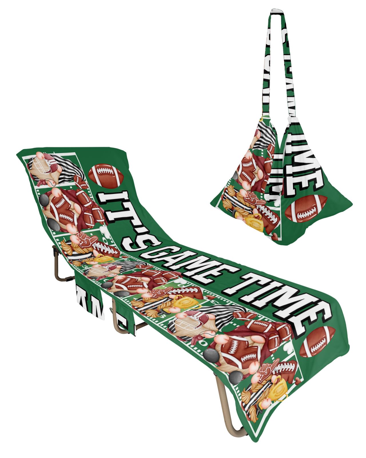 It's Game Time Beach Lounge Chair Towel Cover, Soft Chaise Lounge Towel with Side Pockets Patio Pool Chairs Cover for Beach/Pool Sunbathing 29x85 Brown Football Gnomes Green