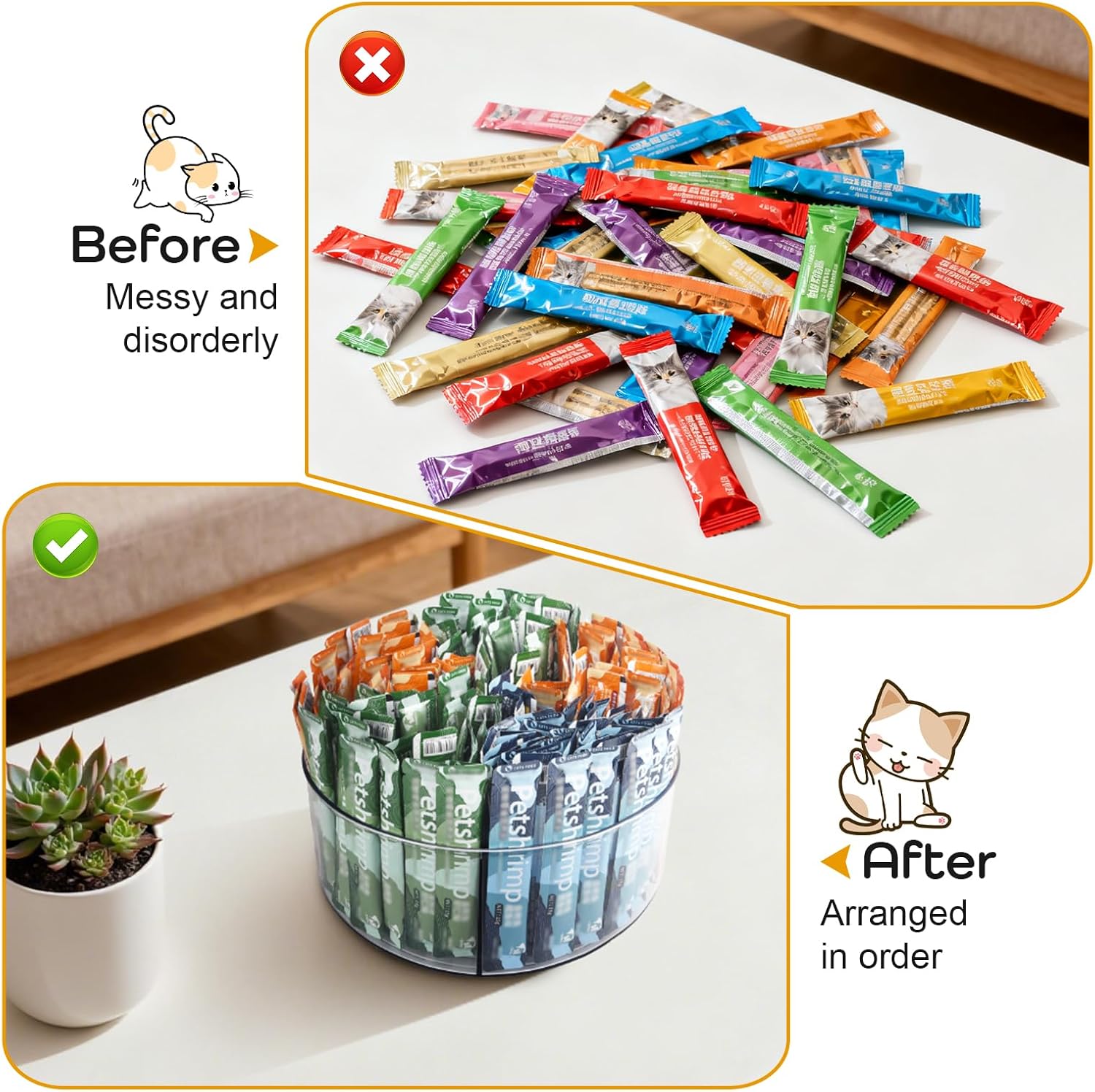 Lickable Cat Treats Organizer, Lazy susan Acrylic Squeeze Up Cat Food Storage Container, 11.42" Essential Storage for Pet Treats, Wet Cat Treats Storage for Kitchen Cabinet Pantry Shelf Countertop