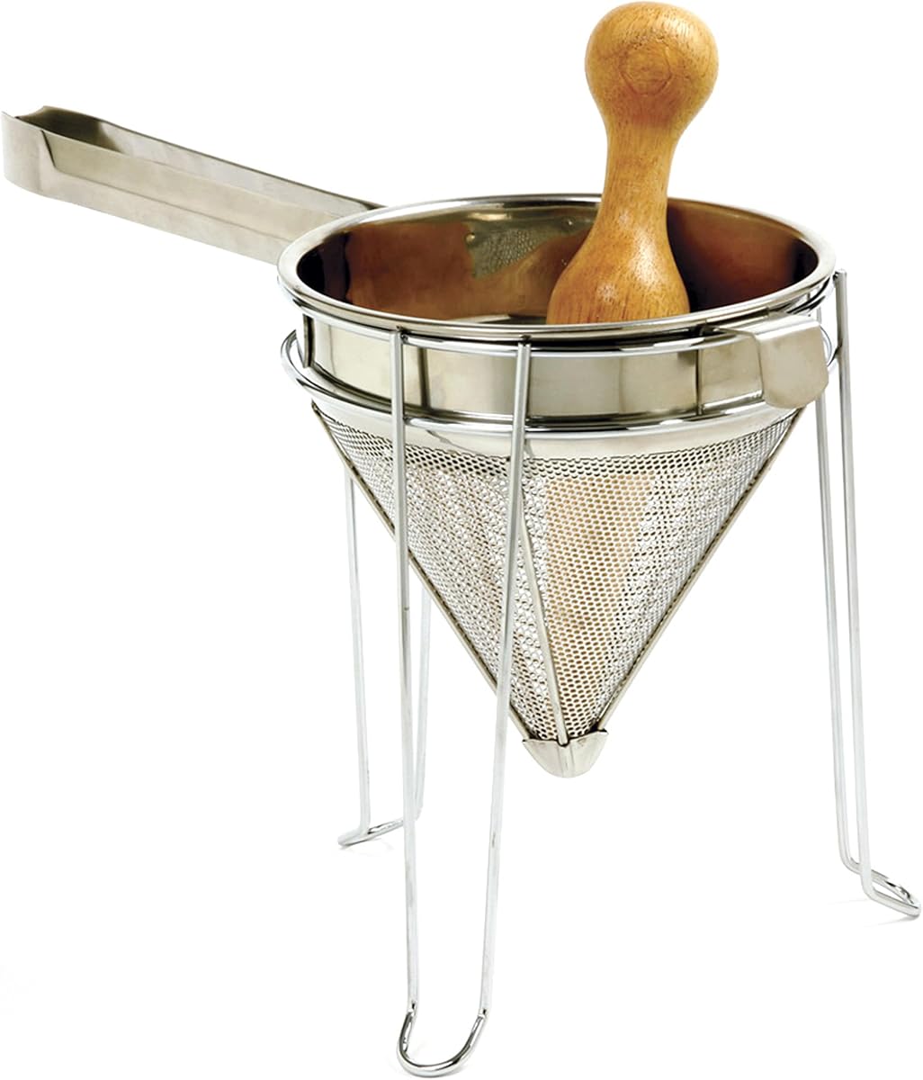 Norpro 642 Stainless Steel Chinois with Stand and Pestle Set, Bouillon Strainer, Jelly Strainer, China Cap