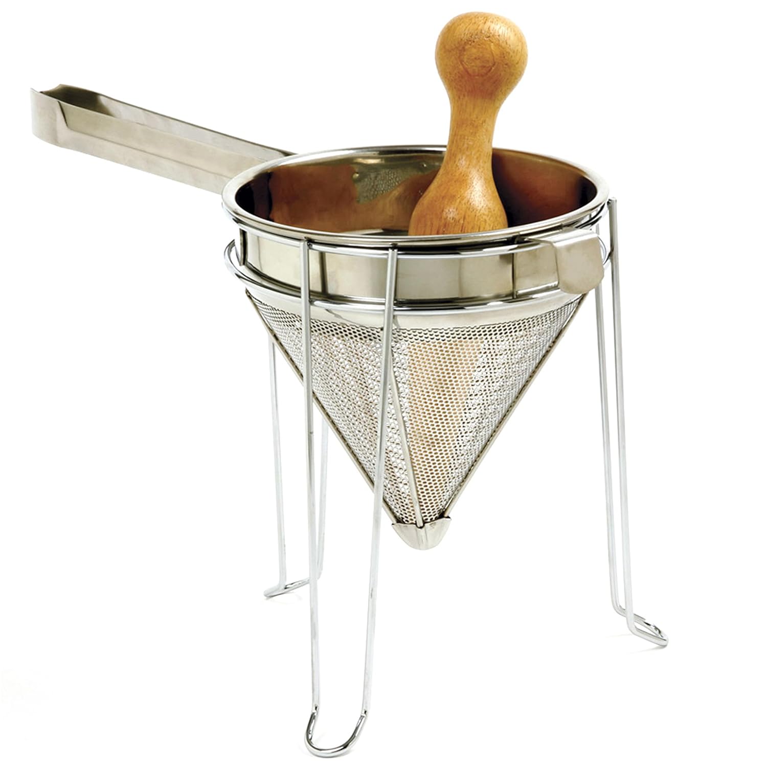 Norpro 642 Stainless Steel Chinois with Stand and Pestle Set, Bouillon Strainer, Jelly Strainer, China Cap