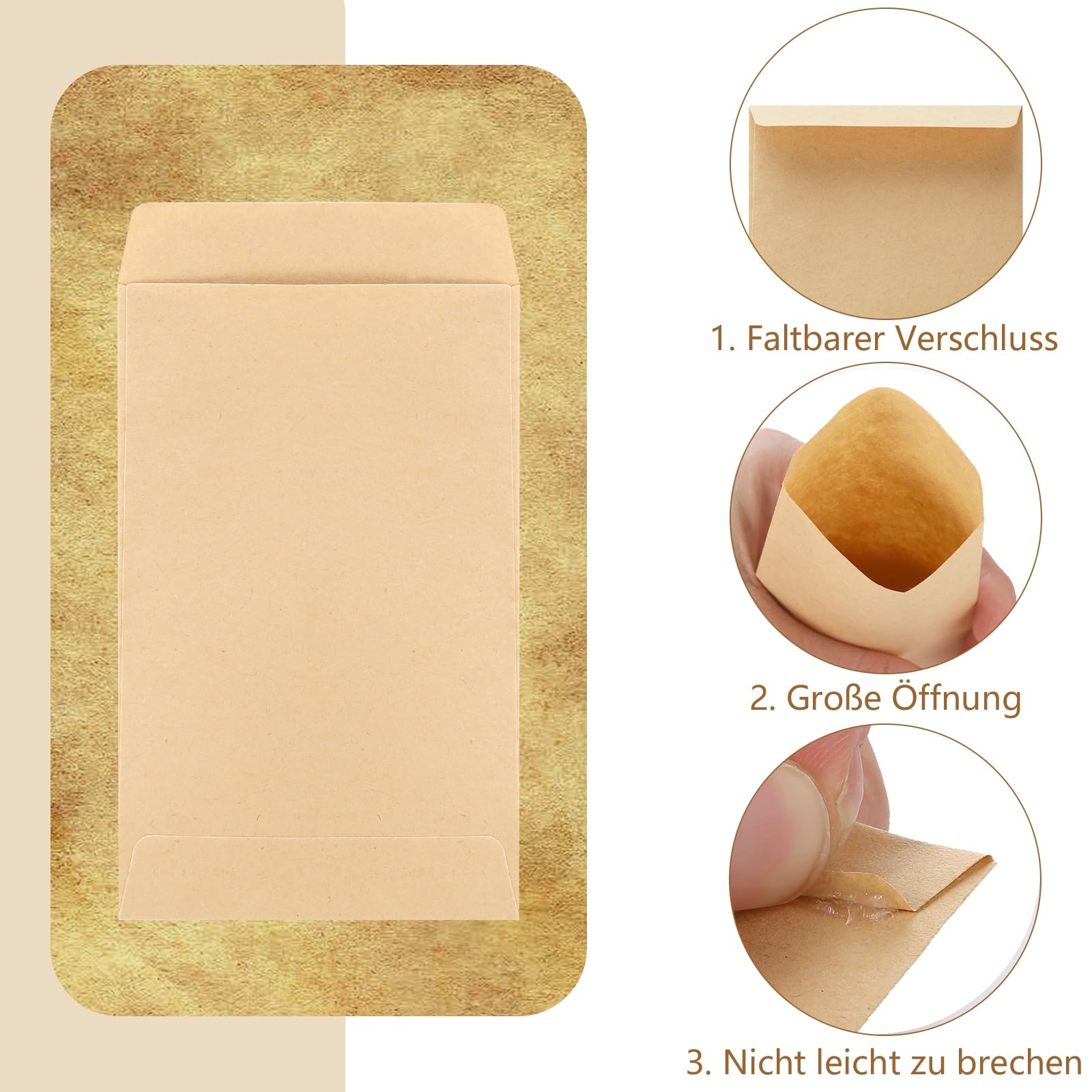 150 sztuk małych torebek papierowych, 6 x 10 cm, mini torebki papierowe do napełniania, płaskie torebki, mini torebki z papieru typu kraft, na nasiona, ramadan, monety, Walentynki, Wielkanoc (brązowe)