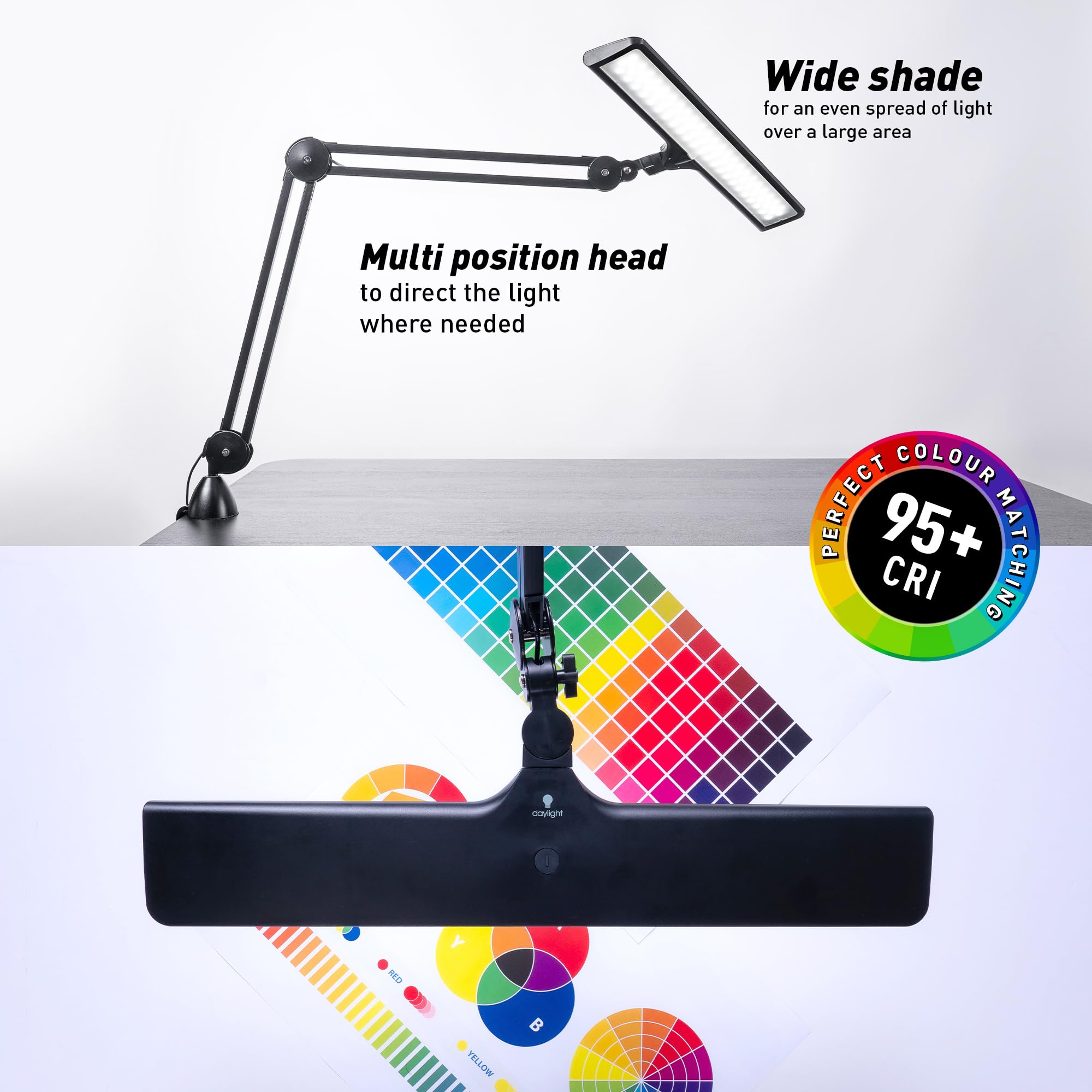 Daylight Lumi – Lámpara de Escritorio LED – 3800 Lux, 6000K, IRC 95+, Luz de Trabajo Ajustable para Lectura, Manualidades y Oficina, Lámpara Protección Visual, Negro
