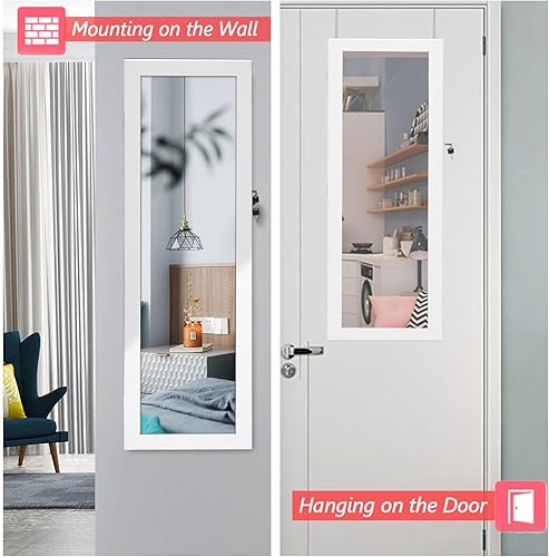 Miniatura 2 de Armario de joyería con espejo de 6 LED, organizador de joyas con cerradura para montar en la paredpuerta con espejo de longitud completa, espejo con