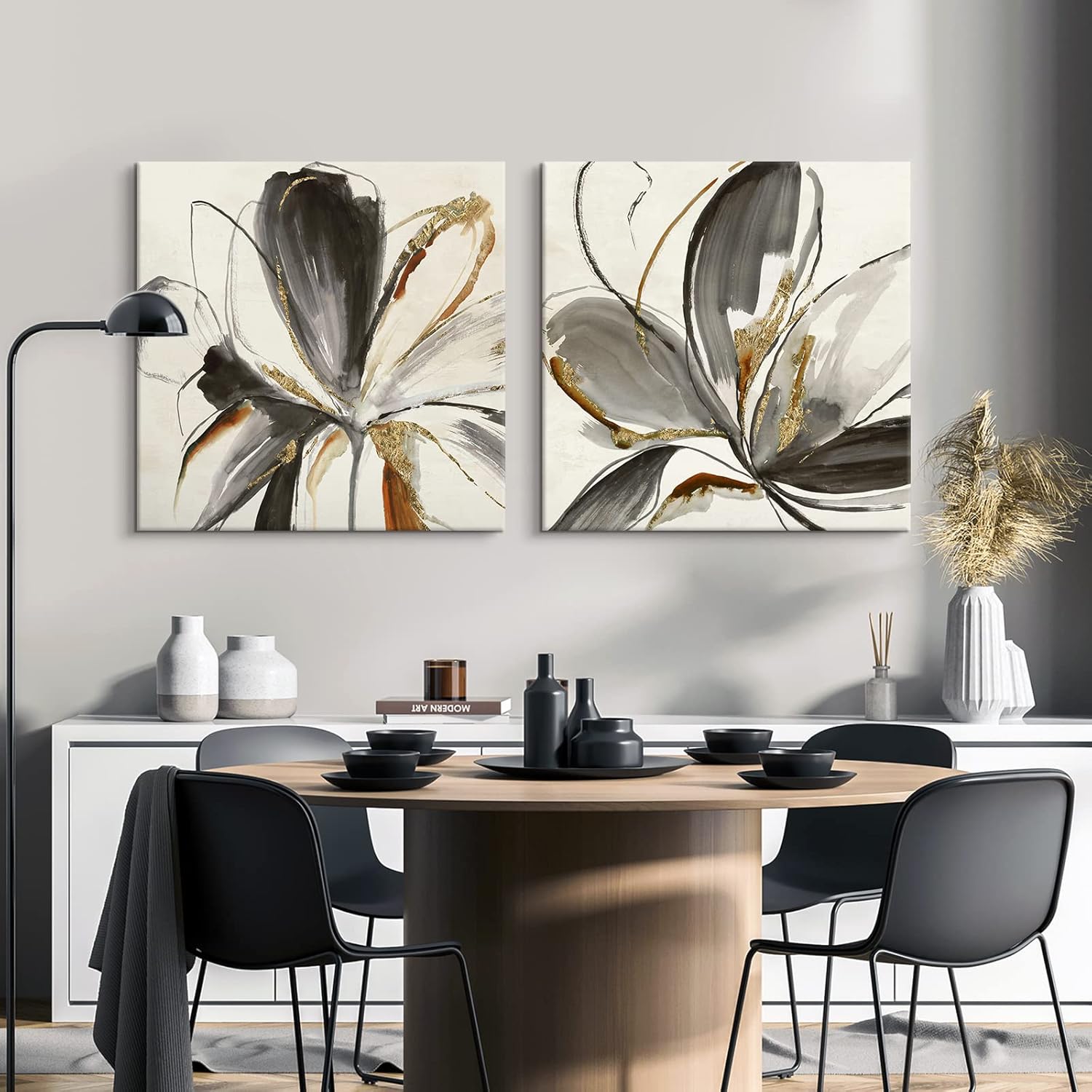 7CANVAS Grey and White Flowers Canvas Wall Art Watercolor Floral with Gold Print Picture Modern Abstract Flower Painting for Living Room Bedroom Ready to Hang 24x24Inchx2pcs