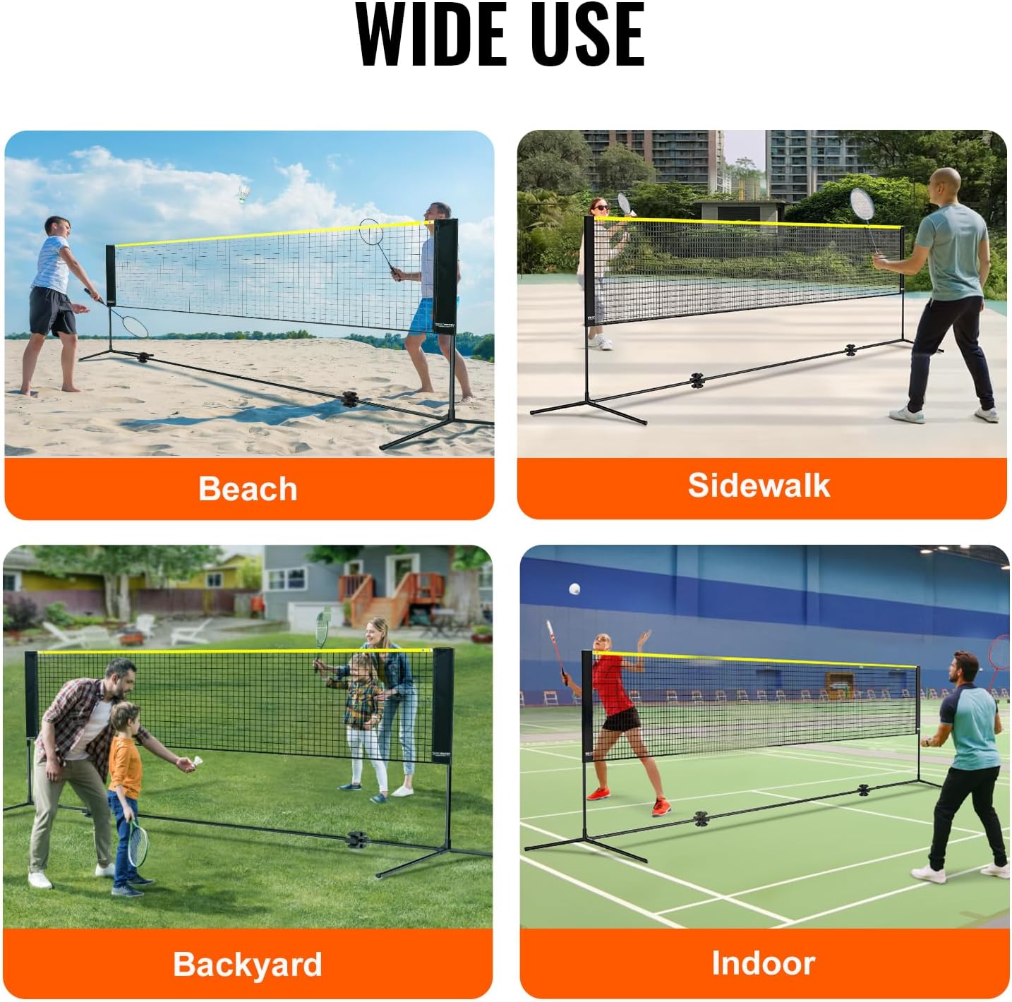VEVOR Badminton Net, Height Adjustable Volleyball Net, Wide Foldable Pickleball Net, Portable Easy Setup Tennis Net Set with Poles, Stand and Carry Bag, for Kids Backyard Game Indoor Outdoor Use