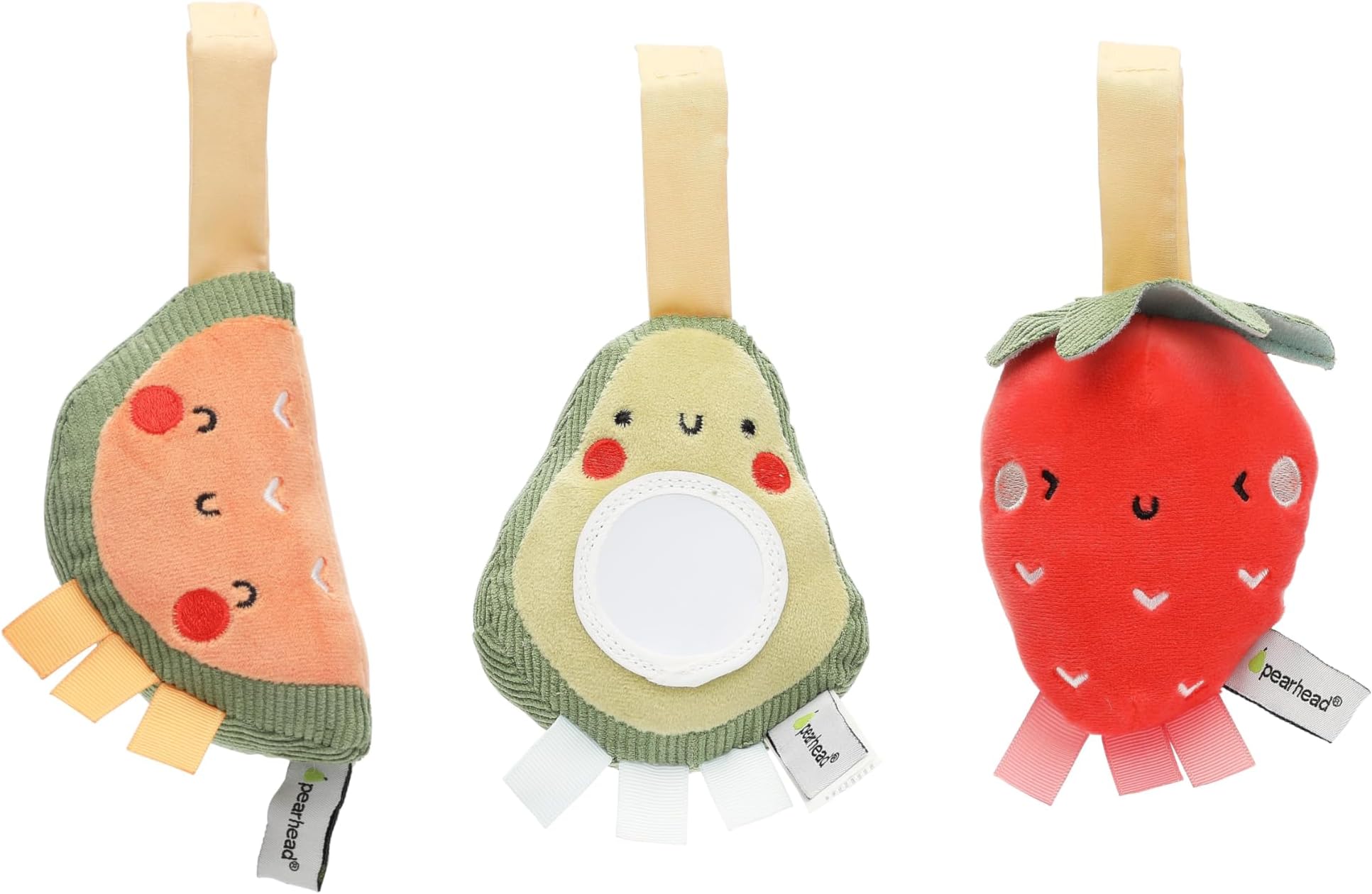 Pearhead Fruit Stroller Toys, Stocking Stuffers for Babies, Newborn Ideas, Plush Interactive Toy Set for Baby Car Seat with Hanging Mirror, Strawberry Avocado Watermelon, Set of 3
