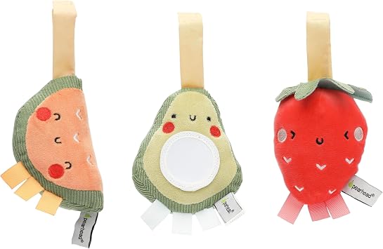 Pearhead Fruit Stroller Toys, Plush Hanging Baby Toy, Set of 3 | Strawberry Avocado Watermelon, Car Seat Attachments, Hanging Mirror, Newborn Gift, Easy-Grip Design, Tummy Time