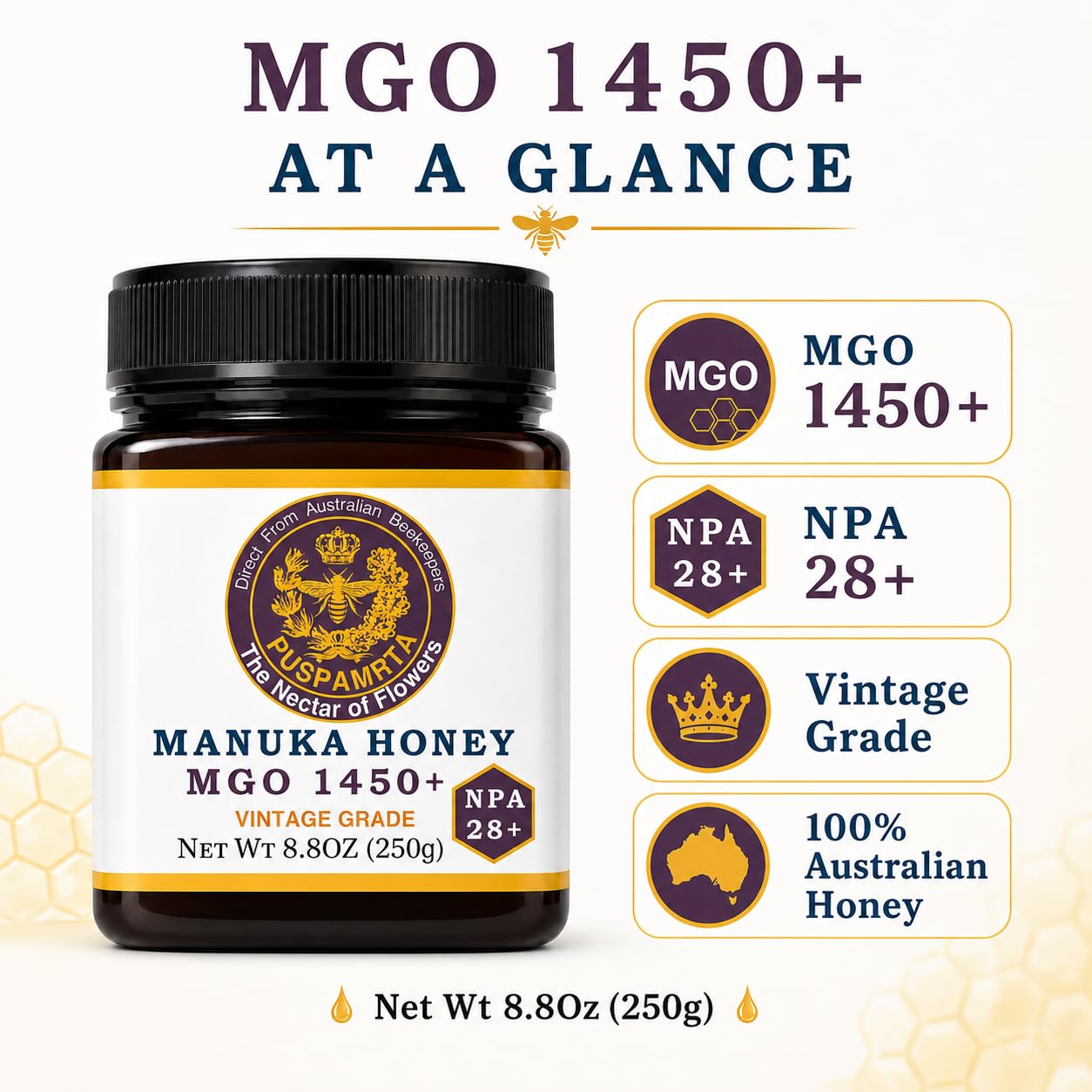 Puspamrta Australischer Manuka Rohhonig MGO 1450+ NPA 28+ 250g | MGO 1450+ NPA 28+ Australian Manuka honey, 250g jar for tea, toast, breakfast and pantry use