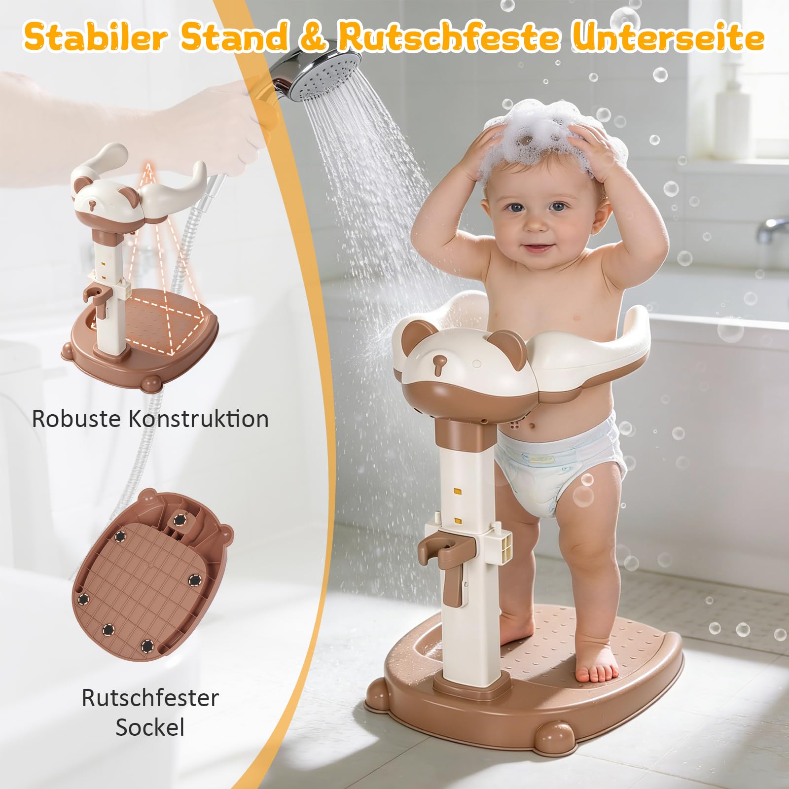 Baby Dusche Ständer Einstellbarer Baby Shower Stand Support mit AntiRutsch-Basis, Anehmbarem Sitz, Duschständer Kind, Anstelle eines Badewannensitzes baby zum Baden, Windelwechseln (Braun)