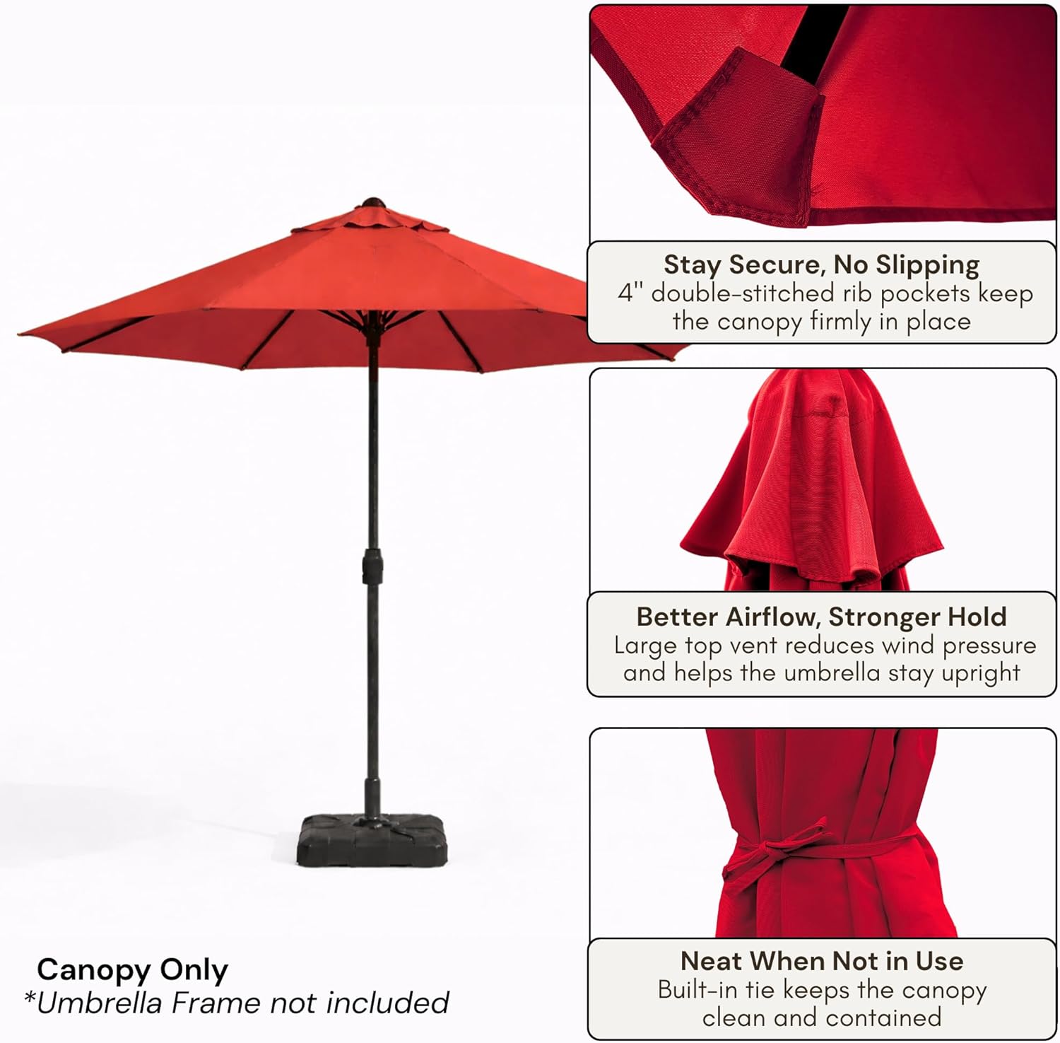 Formosa Covers 9ft 6 Ribs Market Patio Umbrella Replacement Canopy - Top Canvas - 600D UV Protective and Water Resistant Umbrella Fabric - Premium Replacement Canopy Cover ONLY (Red)