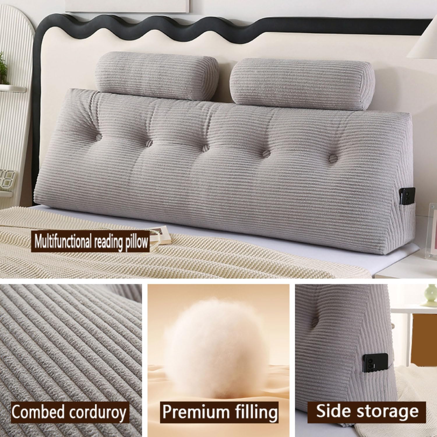 Cuscino Letto Schiena Grandi Cuscini Triangolari Schienale Testata Letto Divano Cuscino Lettura Cuscino per TV e Lettura Cuscino Supporto Lombare con Tessuto sfoderabile/Lavabile
