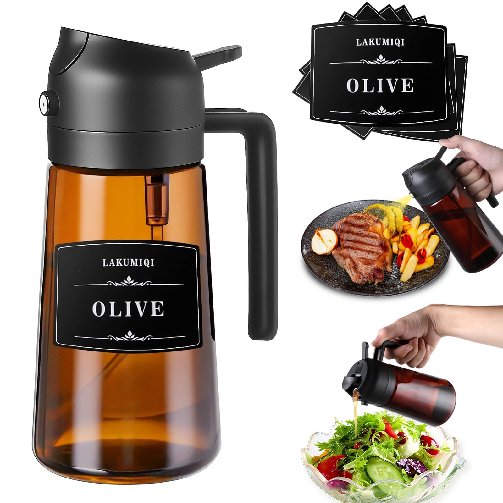 Oliver Oil Sprayer Dispenser for Cooking Bottle 16oz Dark Glass Black | 2-in-1 Lightproof Borosilicate Glass Oil Bottle, Wide Mouth for Easy Refill Clean