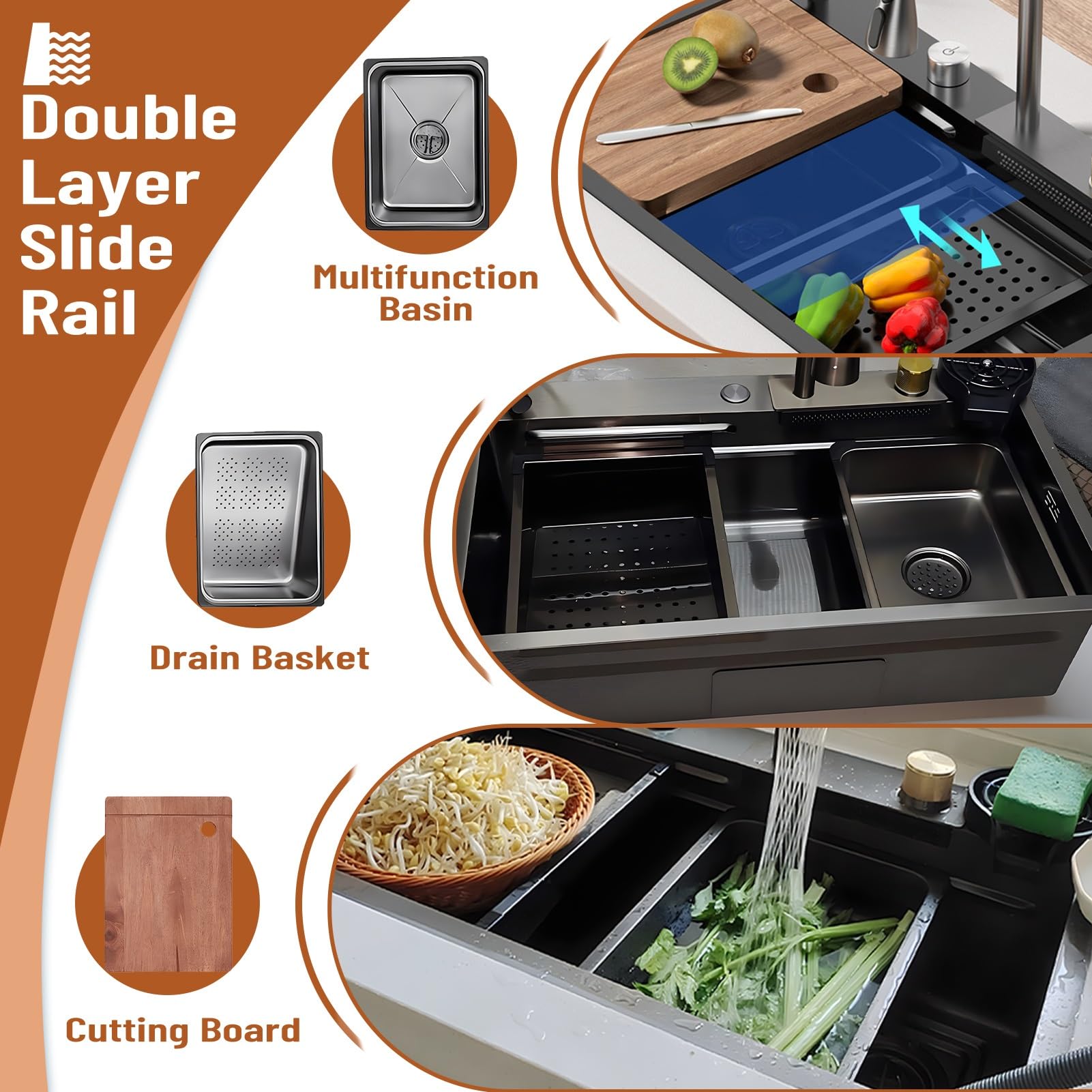 Fregadero De Cocina Para Estación De Trabajo Con Grifo De Cascada, Juego De Lavabo De Acero Inoxidable Doméstico De Un Solo Tazón, Lavadora De Ollas A Presión, Tabla De Cortar, Canasta De Drenaje Y Ac