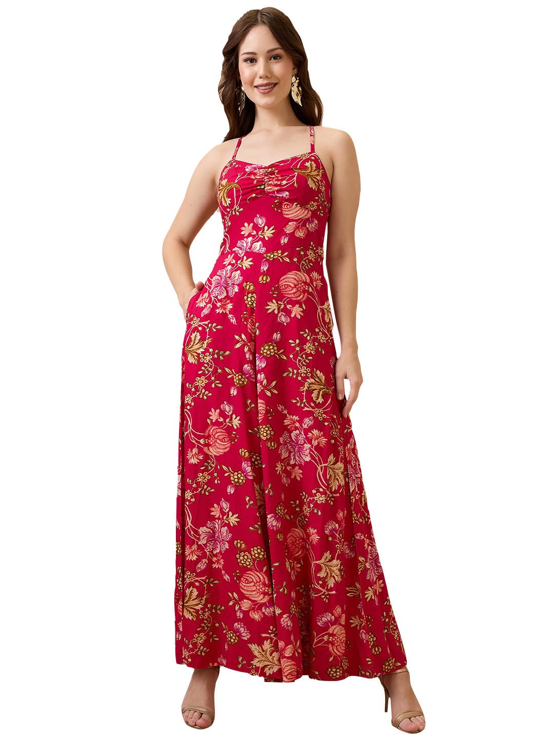 globus Women Sweetheart Neck Strappy Shoulder Floral Print Ruched Fusion Jumpsuit-picture-15