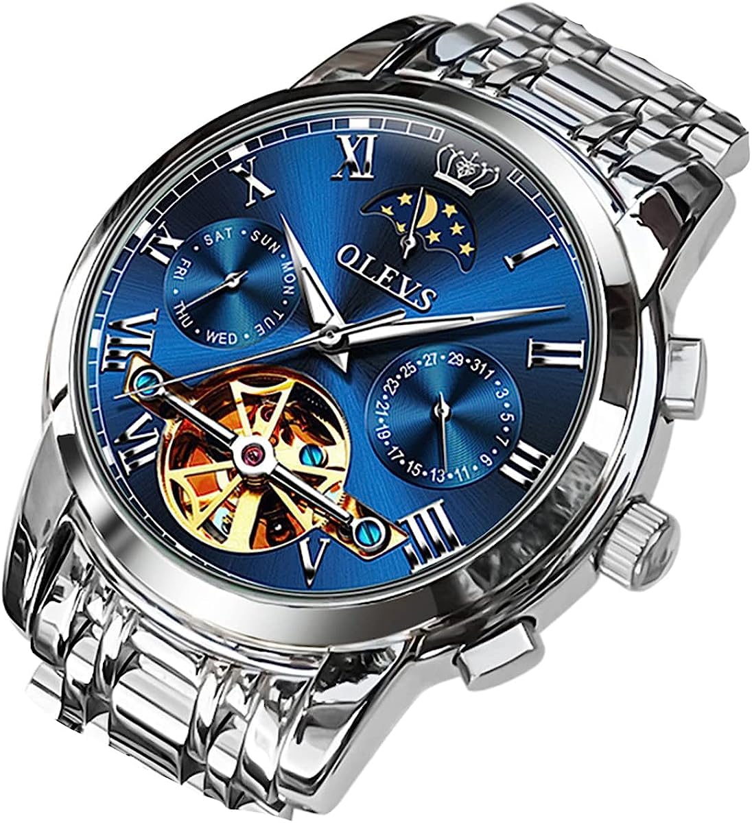 OLEVS Men Automatic Skeleton Moon Phase