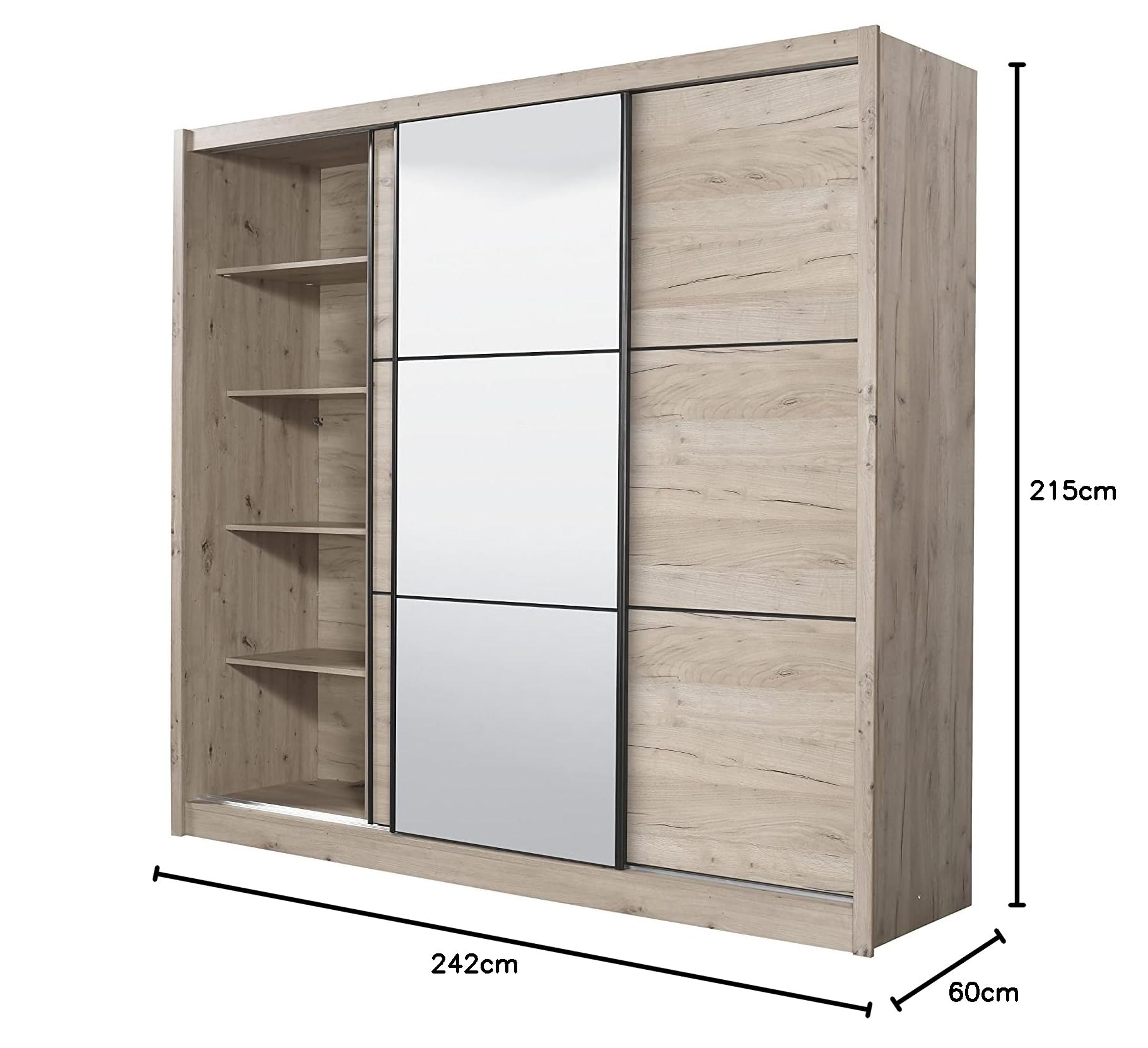 Arredo Stock Armadio guardaroba 3 ante scorrevoli una con specchio, struttura quercia, 242x60x215 cm
