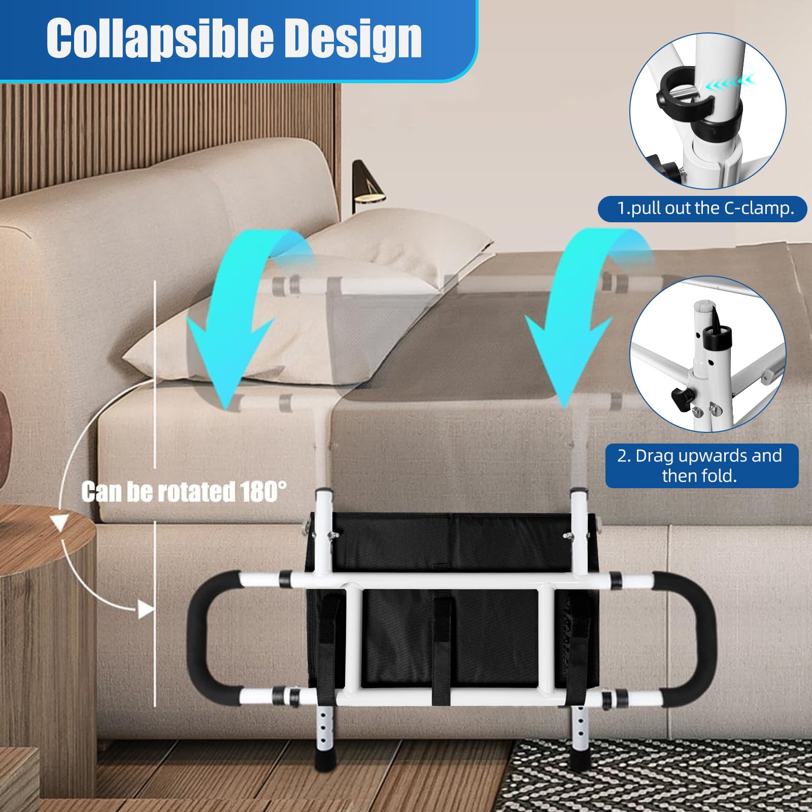 EasyVibe Binario per letto per anziani e adulti, regolabile in altezza ed estensibile, guida pieghevole con tasca portaoggetti, barra di sicurezza per letto resistente