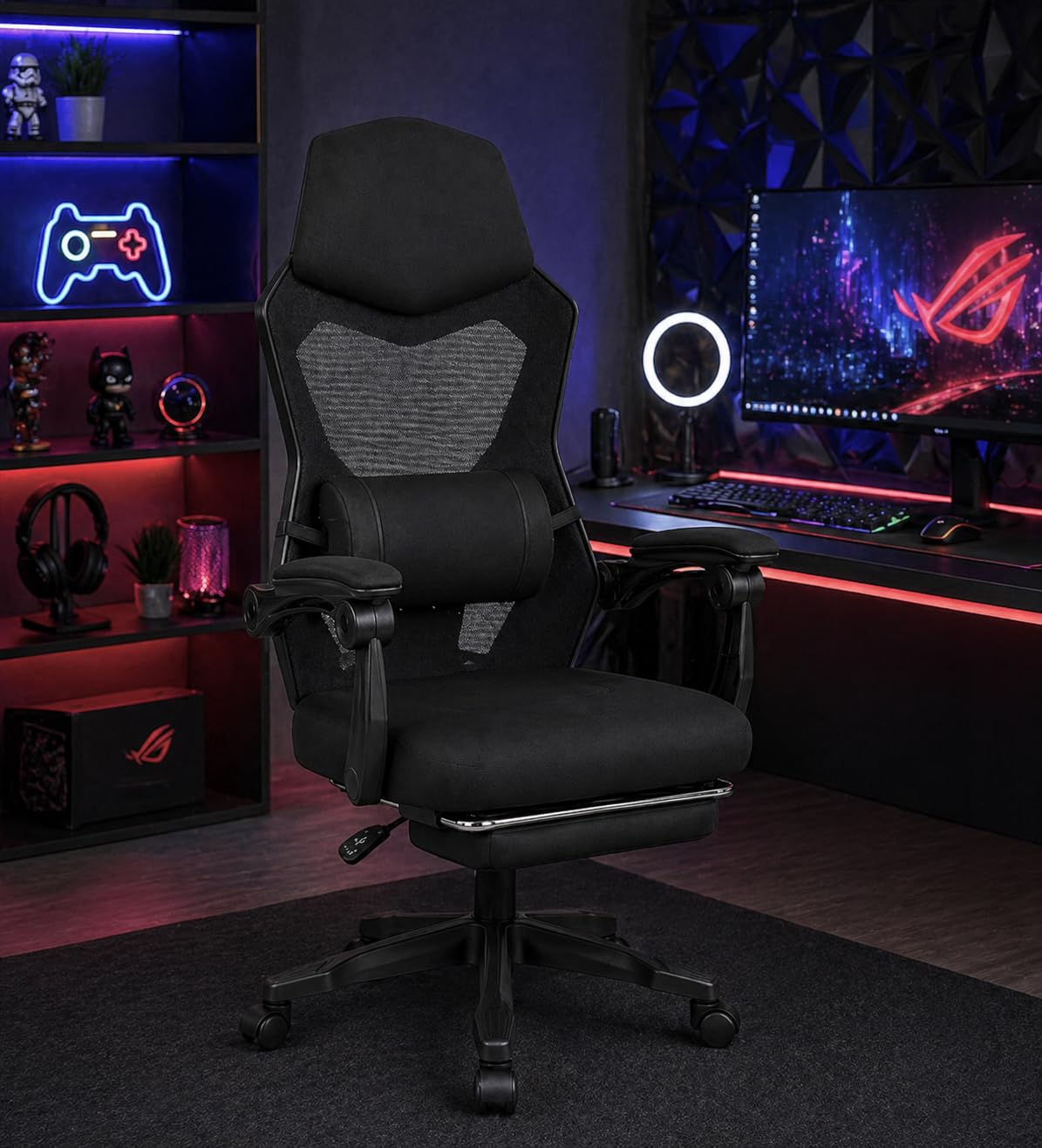 DUPI Silla Gaming Gravity | Ergonómica | Giratorio 360º | Respaldo Lumbar de Malla | Reposacabezas | Reposabrazos | Reposapies | Negro