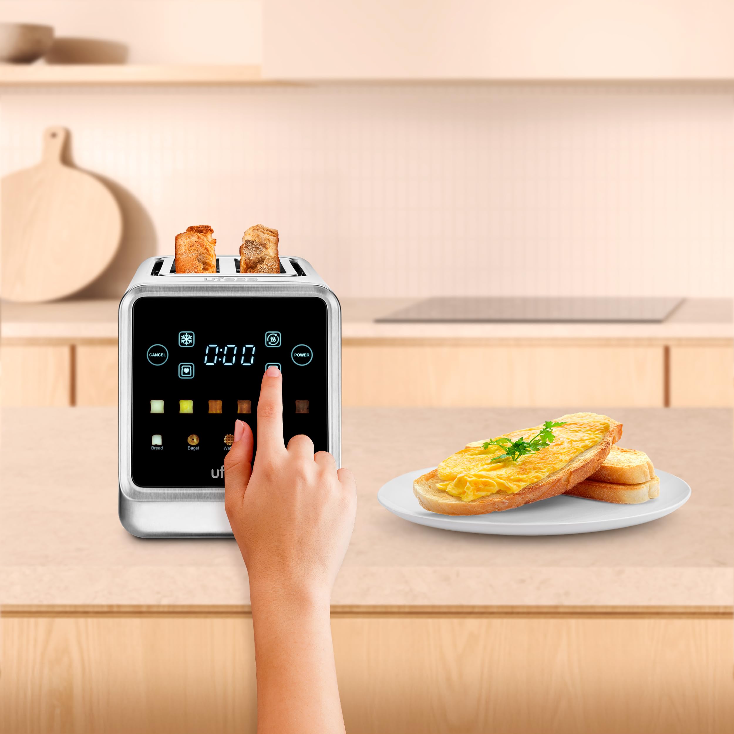 Ufesa One Touch Duo Plus, Tostador Digital 1400W, 2 Ranuras, Pantalla LED, 6 Niveles, Funciones Pan, Bagel, Muffin, Gofre, Recalentar, Descongelar, Memoria, Bandeja Recogemigas