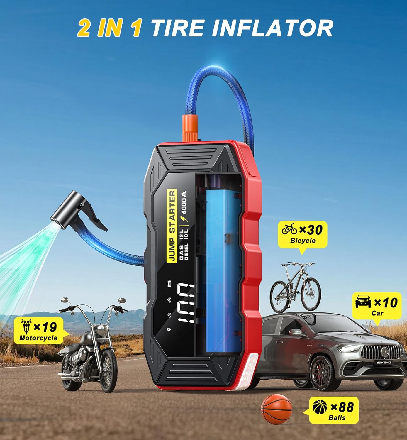 Jump Starter with Air Compressor, Portable Car Battery Jump Starter(12 Gas/10L Diesel), 4000A Peak 160PSI 12V Automobile Jump Box Pack Chargers with Jumper Cables, 4-Mode LED Lights, LCD Display - Image 4