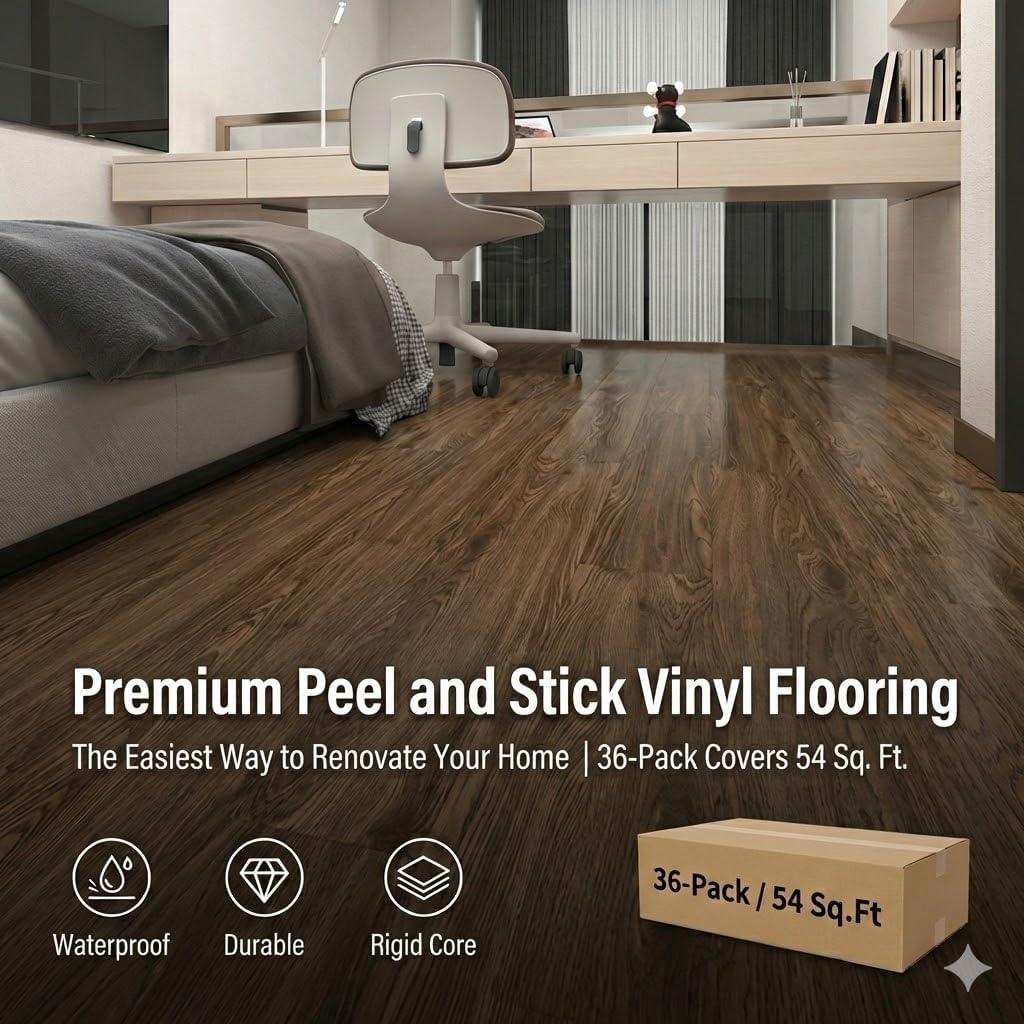 36 Pack Self-Adhesive Floor Sticker Thicken 54 Sq.Ft Wood Grain Floor Wallpaper 3D Wall Sticker Waterproof Vinyl Flooring for Bedroom, Kitchen, RV, Office (Brown, 36 * 6in （36Packs）)