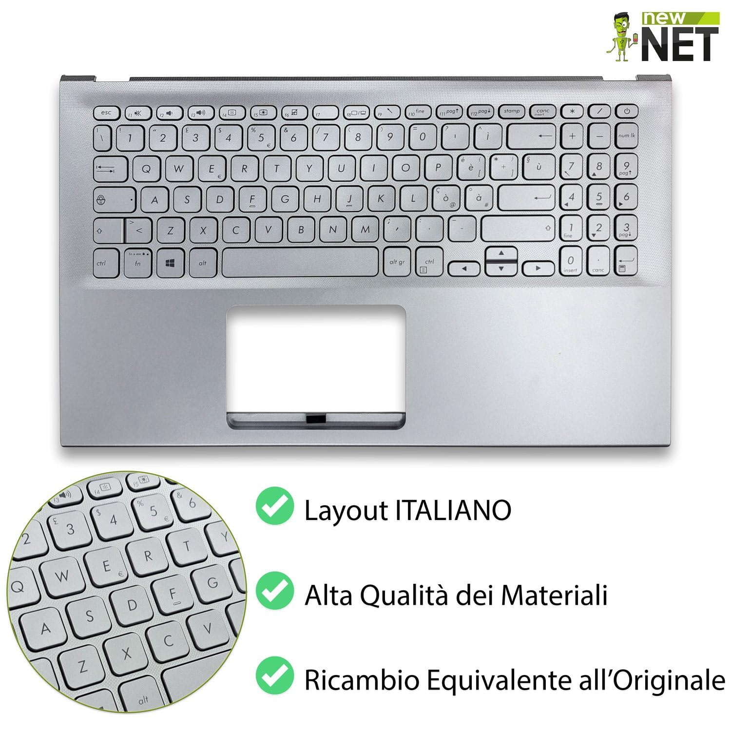new net - Top Case Palmrest con Tastiera Compatibile con ASUS F512D, F512DA, F512FA, F512FB, F512U, F512UA [Frame Argento - Senza touchpad - Layout ITA]