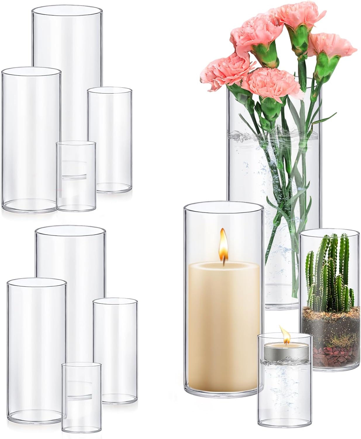 8 Pack Glass Cylinder Vases 4,6,8,10 Inch Tall Clear Flower Vase Hurricane Floating Candle Holder for Table Centerpiece Wedding Home Decor 8 Pack(4,6,8,10 Inch )