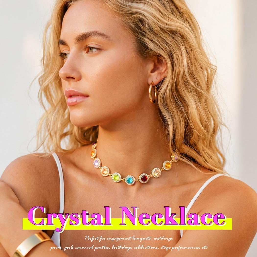 JEAIRTS Colorful Crystal Choker Necklace Gold Rhinestone Rainbow Necklace Jewelry for Women