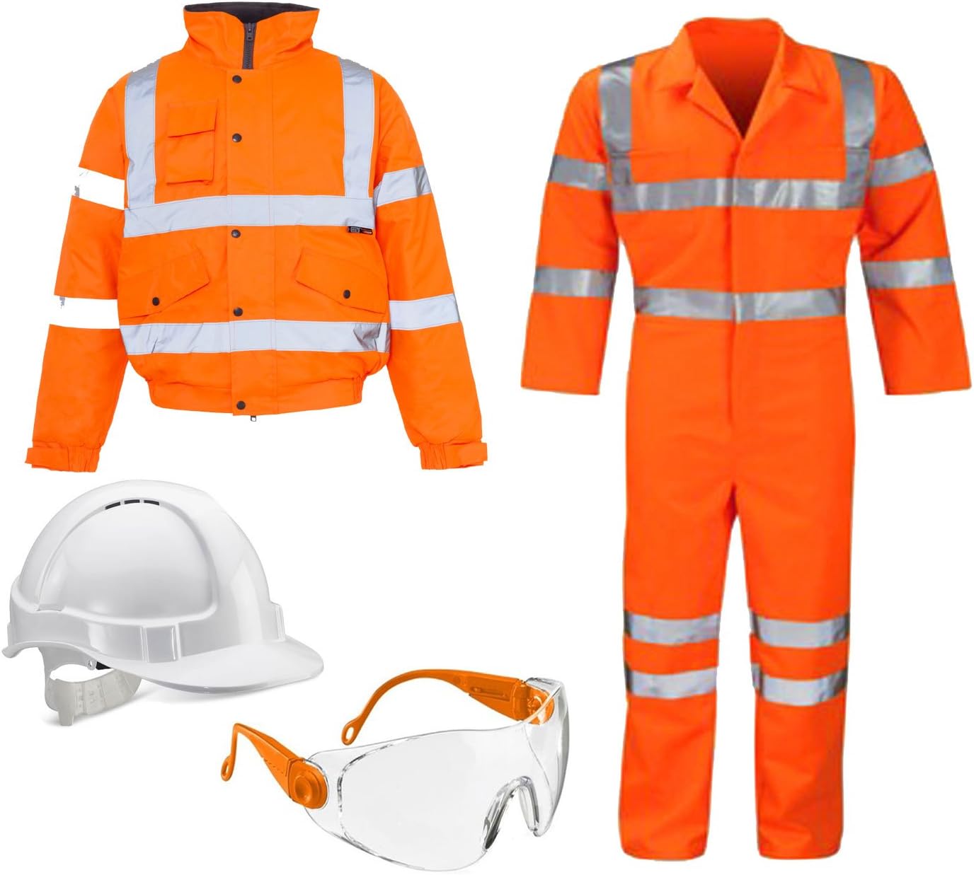 Safety Wear Bundle (XXX Large) for Men 4 Items - Hi Viz Bomber Jacket and Hi Visibility Coverall- Hard Hat Safety Helmet and Safety Specs for Eye Protection