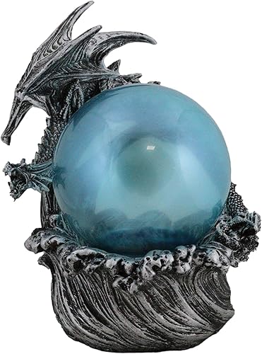 Miniatura 2 de Ebros Gift Vórtice plateado océano dragón montando olas con esfera LED colorida orbe luz estatuilla 9 pulgadas H Calabozos y dragones medieval