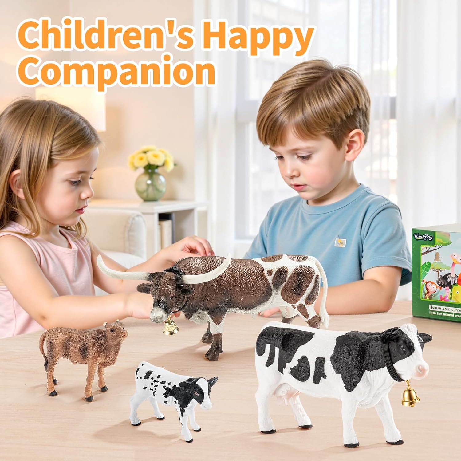 4PCS Cows Bulls Longhorn Farm Animal Figurines Toys for Kids, Plastic Cow Farm Animals Figures for Boys Girls Include White Holstein & Texas Longhorn and 2 Calfs, Cake Toppers Party Favors