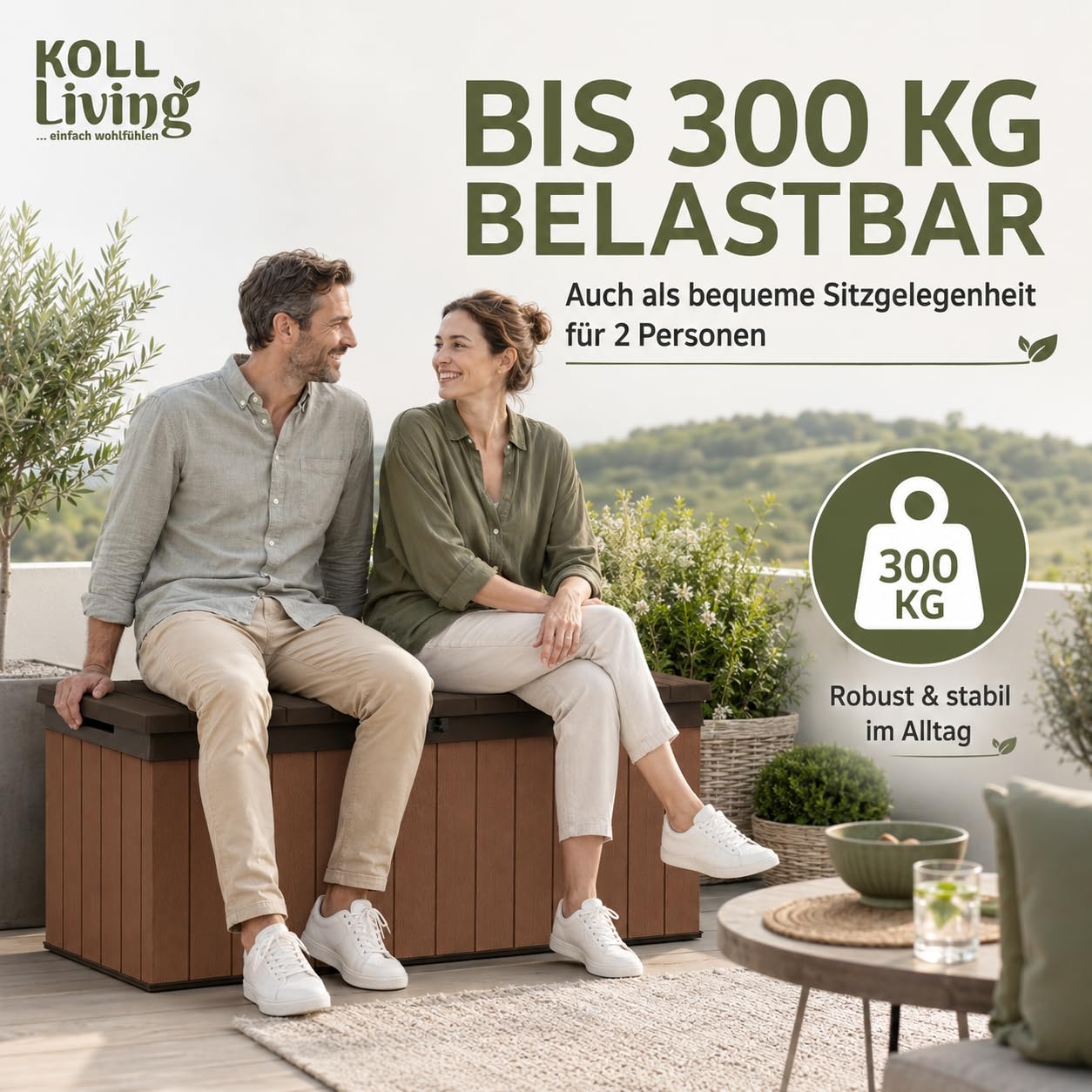 Koll Living Auflagenbox/Kissenbox Darwin l 100% Wasserdicht l mit Belüftung dadurch kein übler Geruch/Schimmel l Moderne Holzoptik l Deckel belastbar bis 300 KG (2 Personen) (Braun, 570 Liter)
