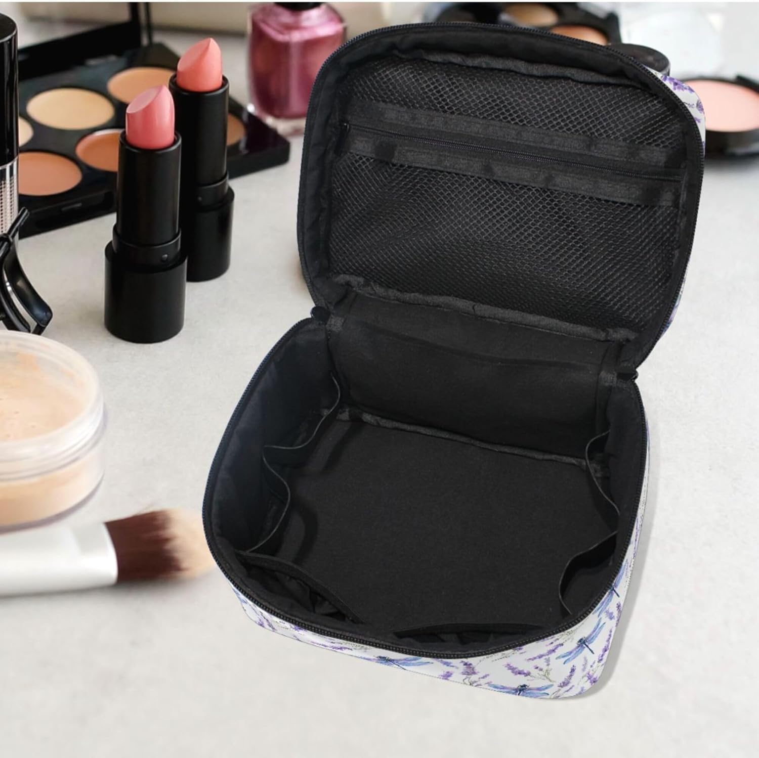 MNSRUU Makeup Bags, Dragonfly Lavender Makeup Organizer Bags Toiletry Bag Box Travel Cosmetic Bag Make Up Train Case for Women Teen Girl Ladies