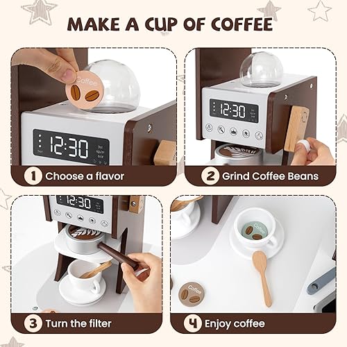 Miniatura 3 de HONEY JOY Juego de cocina esquinera, juego de cocina de madera para niños pequeños con luces, cafetera, microondas, fregadero, grifo, juego de