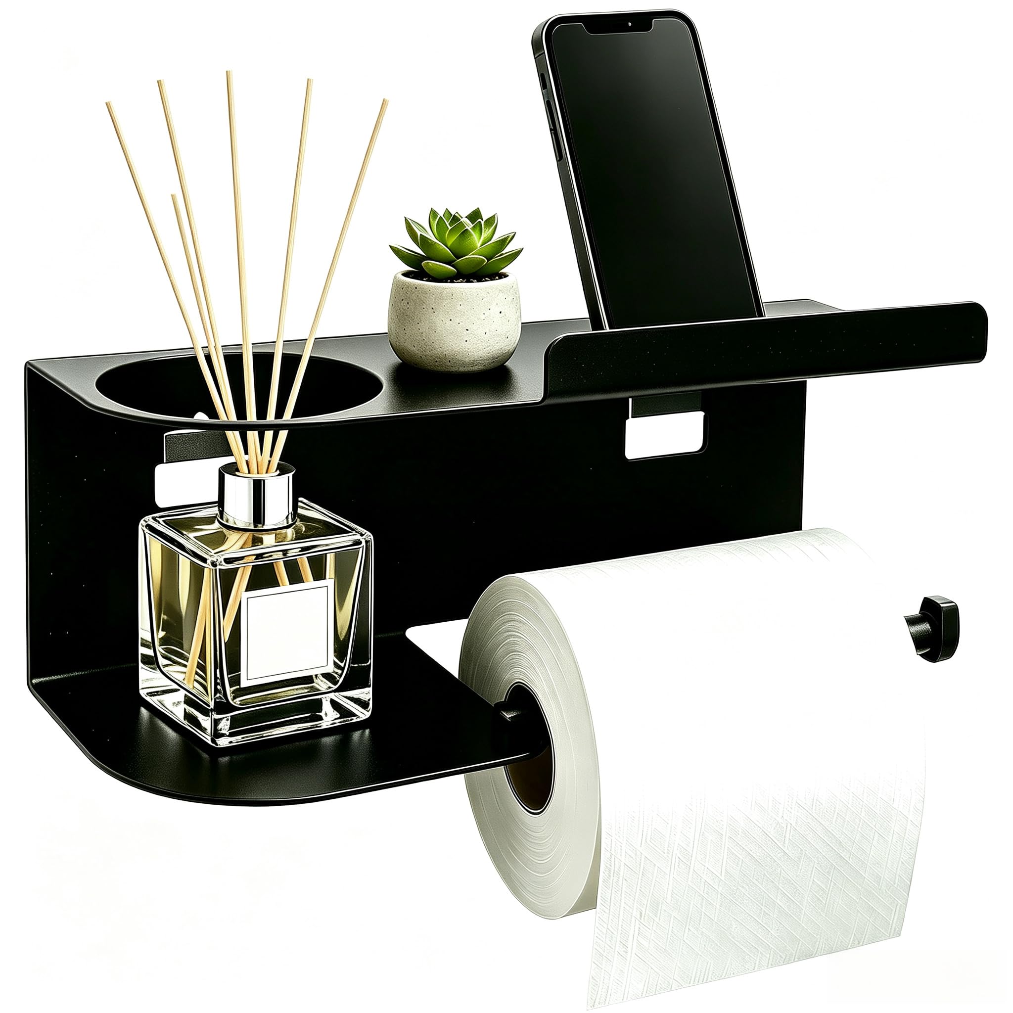 Black Toilet Roll Holder, Self Adhesive Toilet Paper Holder No Punching Required, Durable Tissue Bathroom Holder, with Aromatherapy Storage Rack Suitable for Bathroom and Kitchen