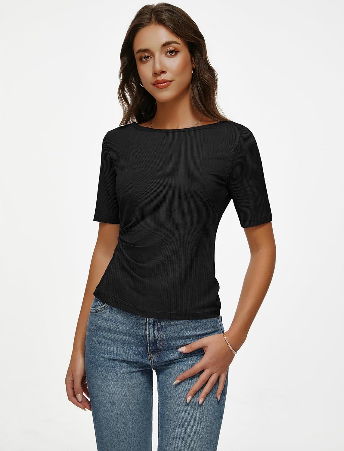 Women's Boat Neck Top Half Sleeve Ruched Side Fitted T-Shirt Basic Casual Slim Tee - Image 5