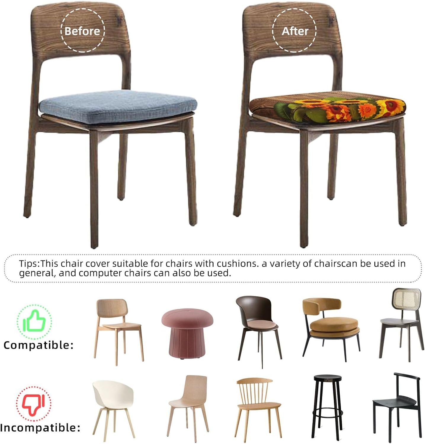 Set of 6 Removable Chair Seat Covers for Dining Room, Wooden Sunflowers Stretchable Office Kitchen Chair Slipcovers Cushion Protector Fall Floral Furniture Decor, 16.9x16.9 Inches