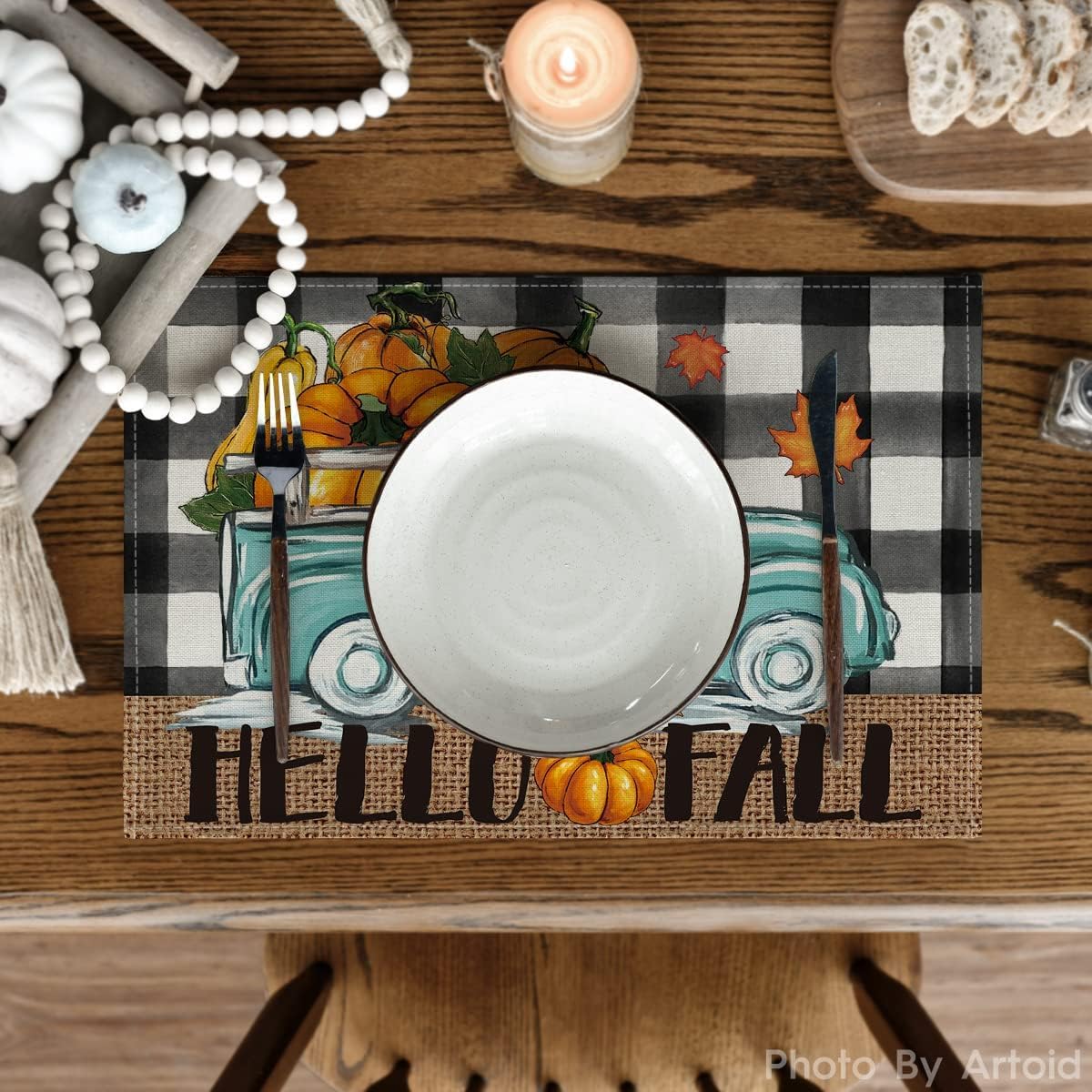 Artoid Mode Buffalo Plaid Truck Hello Fall Placemats Set of 6, 12x18 Inch Seasonal Autumn Table Mats for Party Kitchen Dining Decoration